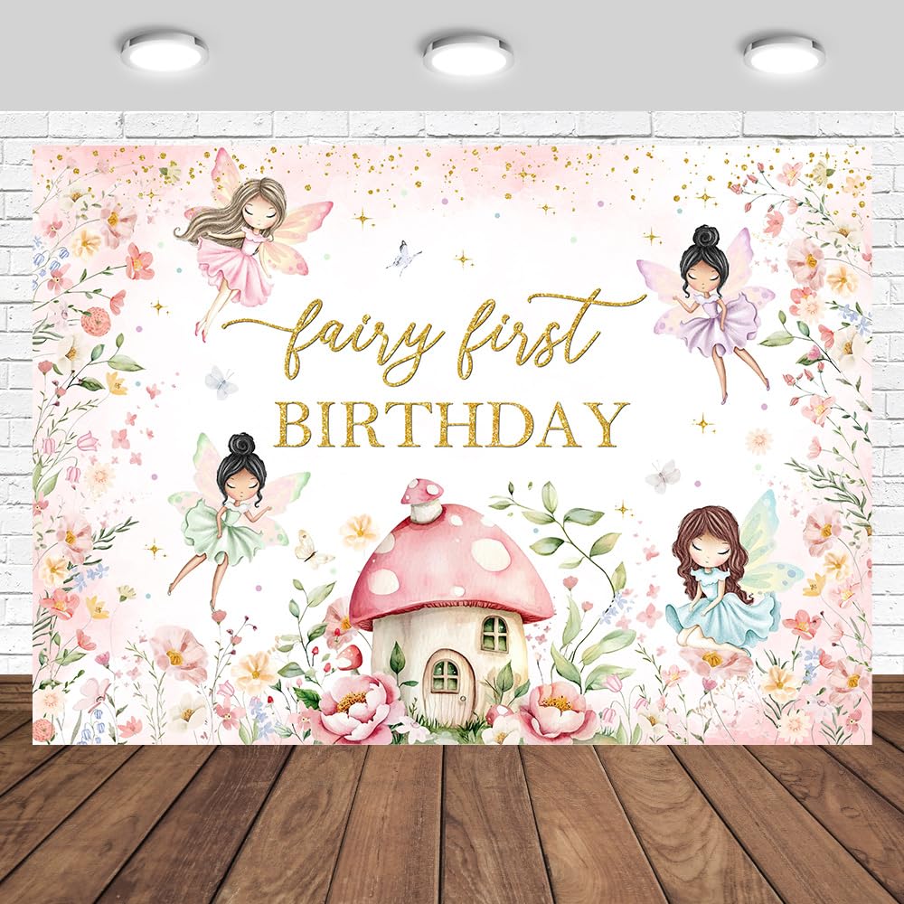 Tcoyodw Fairy First Birthday Backdrop 7x5ft for Girls Magical Princess Fairy Party Butterfly Mushroom House Floral Theme Spring Magic Forest
