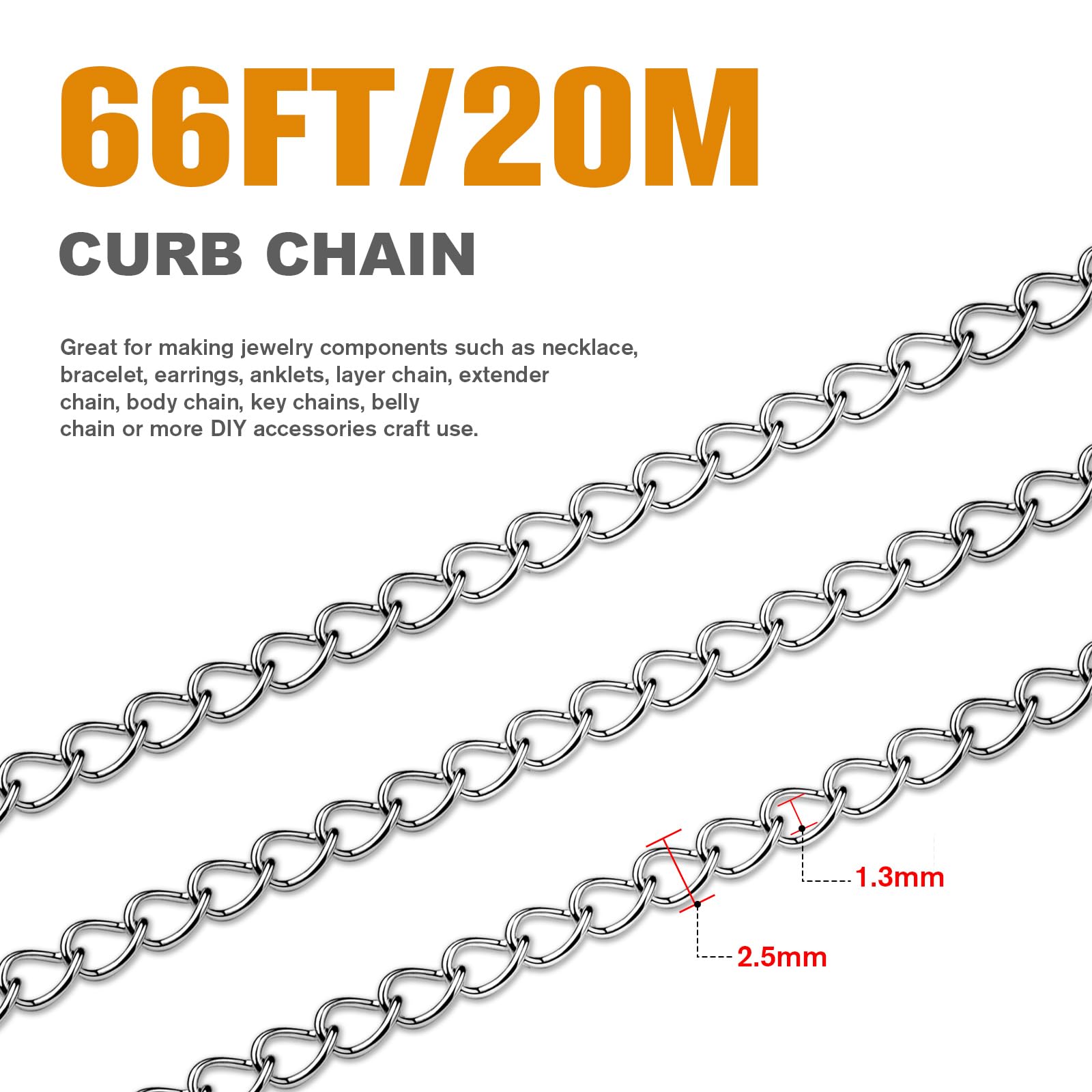 [66 pies/20 m] Cadena de eslabones trenzados de acero inoxidable 304 de 2,5 mm, cadena de eslabones trenzados a granel para hacer joyas, manualidades, collares, pulseras y extensores