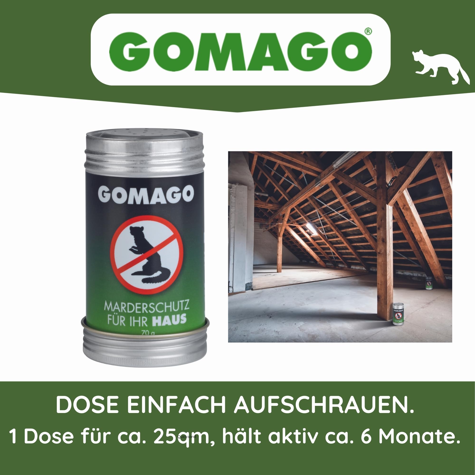 GOMAGO Marderschutz für Ihr Haus | zuverlässige und artgerechte Mardervergrämung durch Duftstoff | Alternative zu Marderschreck, Marderspray, Ultraschall u.ä. | [2 x 70g]