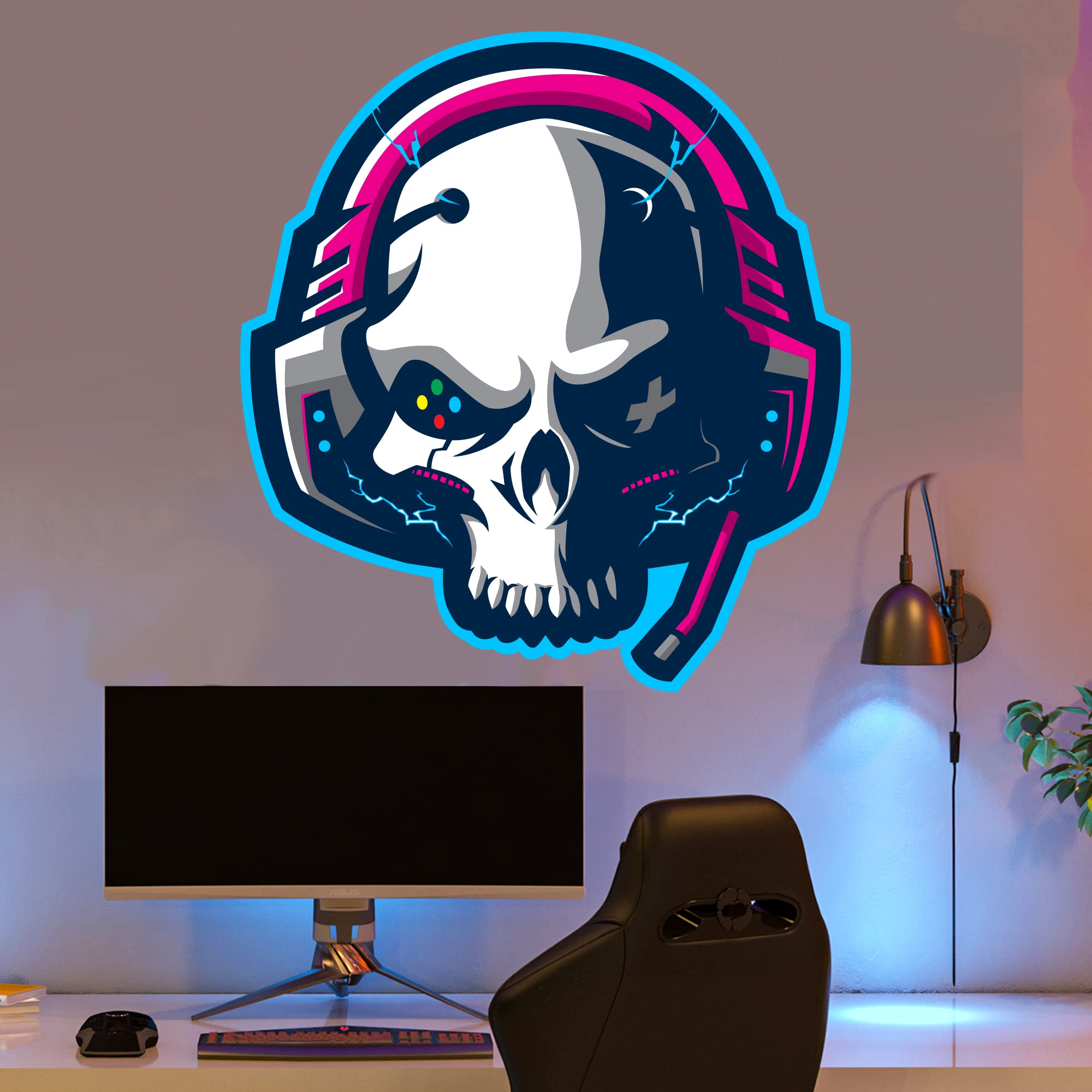 Themed Gray Gaming Wall Sticker - Gamer Skull Headset Wall Decal Art (60Cm Height X 55Cm Width)
