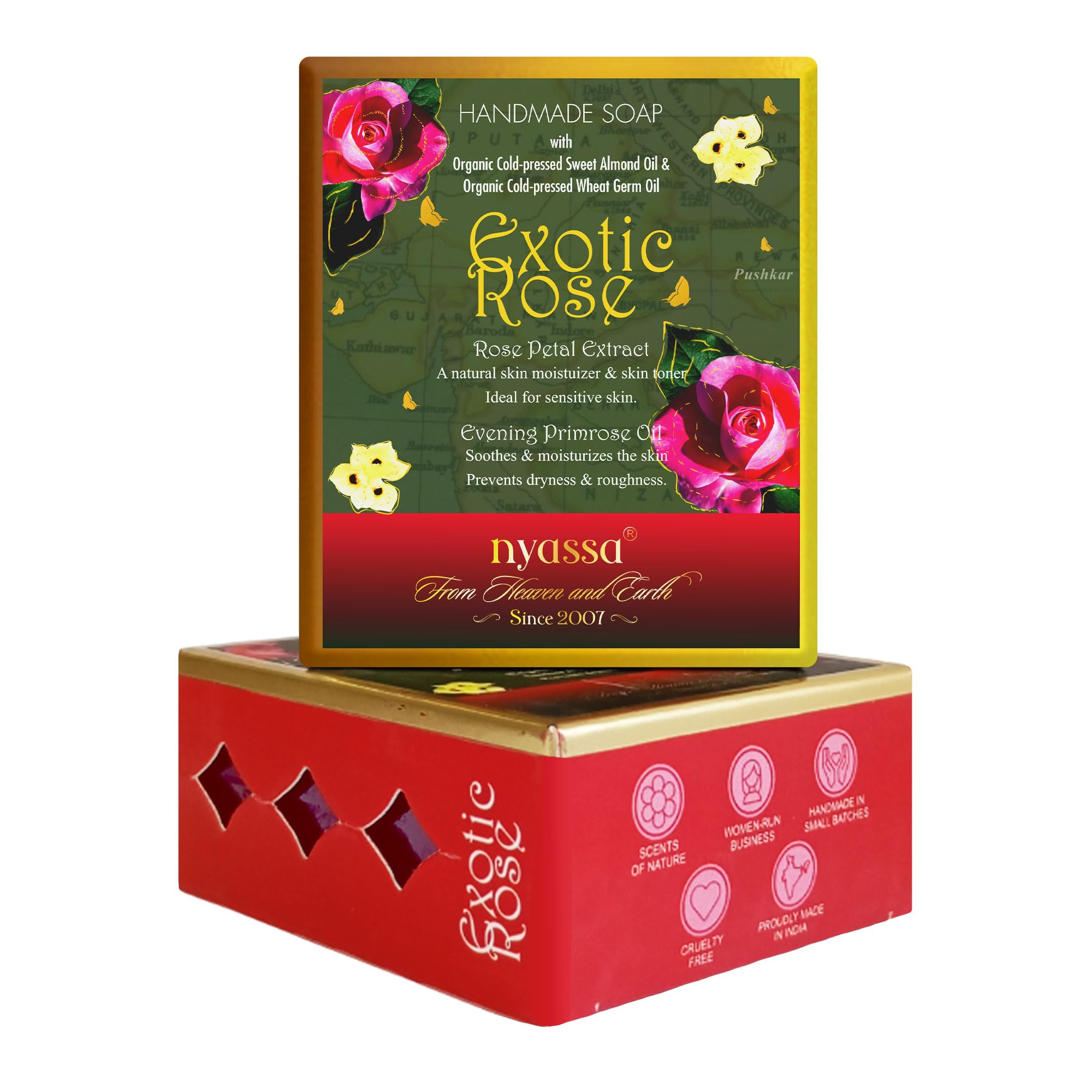 Nyassa Exotic Rose Handmade soap 150 gm with natural ingredients like witch hazel extracts and evening primrose oil. Enriched with Vitamin E and Omega-6 Fatty acids. No Paraben, Cruelty Free
