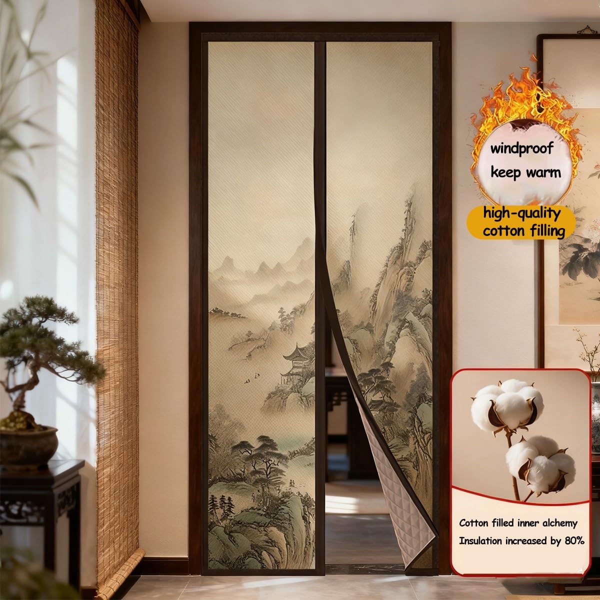 Rideau De Porte Isolant Thermique, Rideau De Porte Interieur D'hiver Thermiques Isolation Anti Froid Et Chaleur Rétro Rideaux Exterieur Occultant Épaississement(Vert,W160XH200CM)