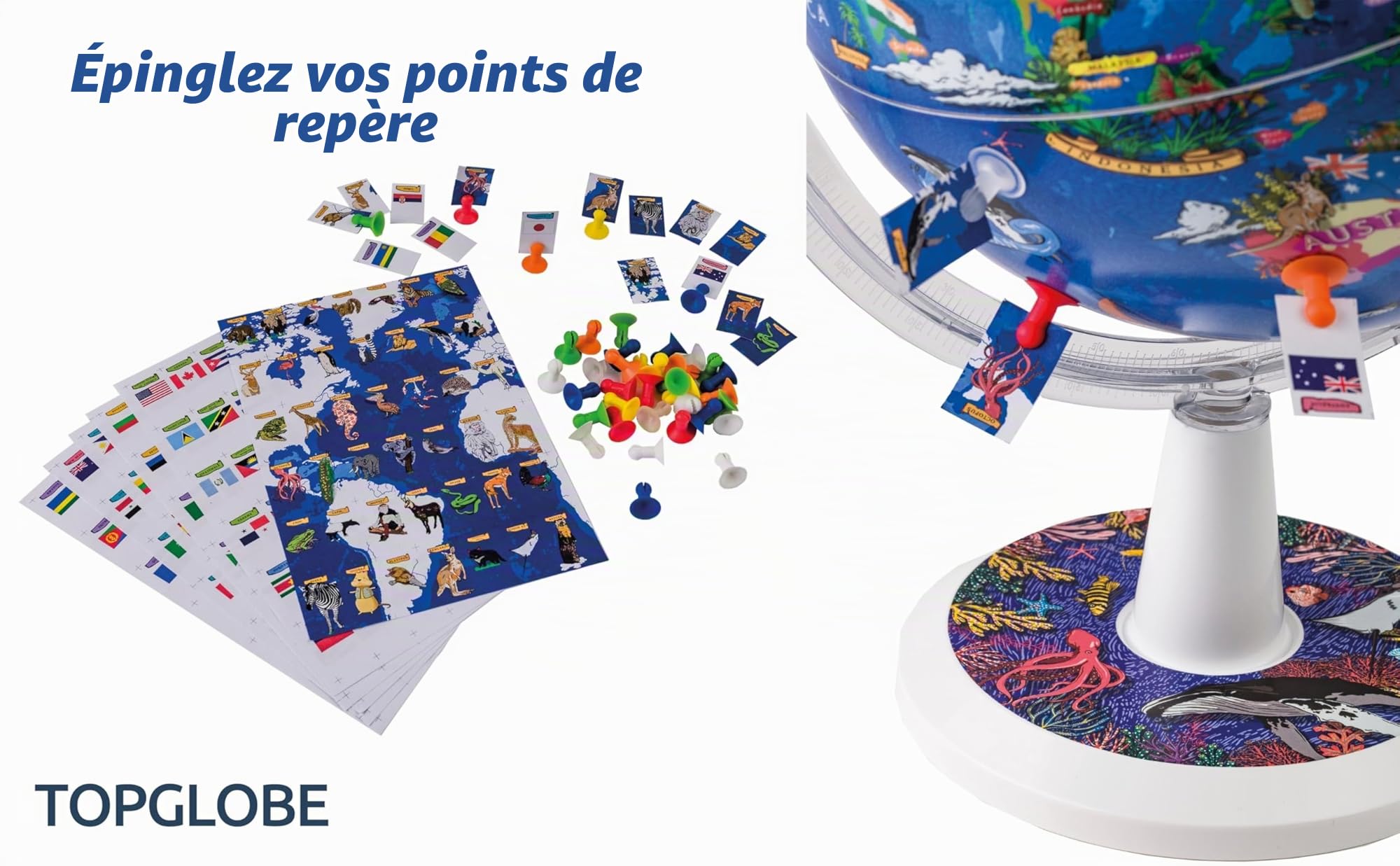 Globe de 26 cm "Mon monde" Écran graphique + Ventouses de sécurité + Cartes à broches + Supports graphiques démontables