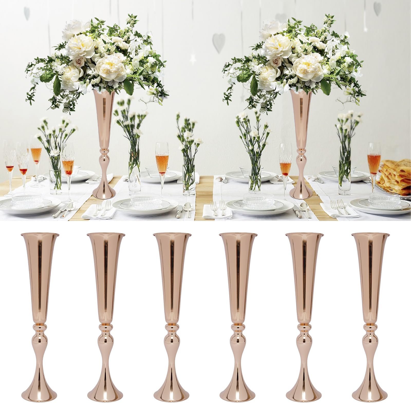 6 jarrones dorados para decoración de mesa de boda, jarrón de metal, jarrón de trompeta para boda, jarrón decorativo, maceta de 56,5 cm, jarrones de trompeta de flores de metal