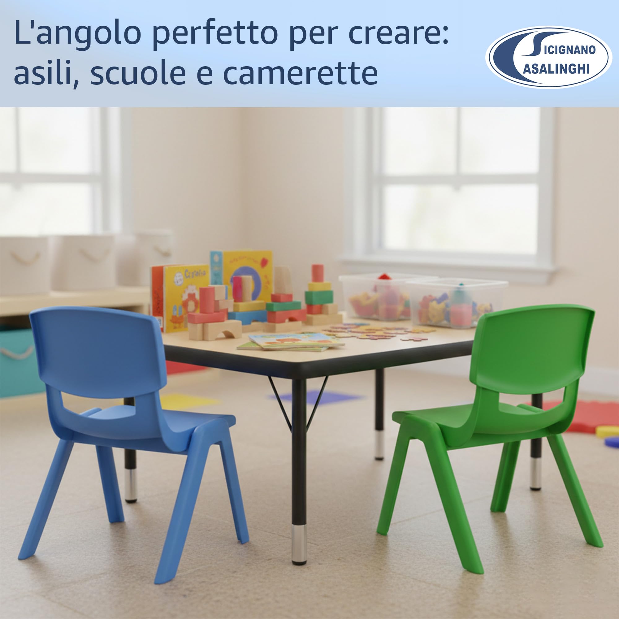 Sicignano Set 3 Pezzi Sedia per Bambini in Plastica Azzurro Impilabile 34x32x48h cm Portata 60 kg Impermeabile