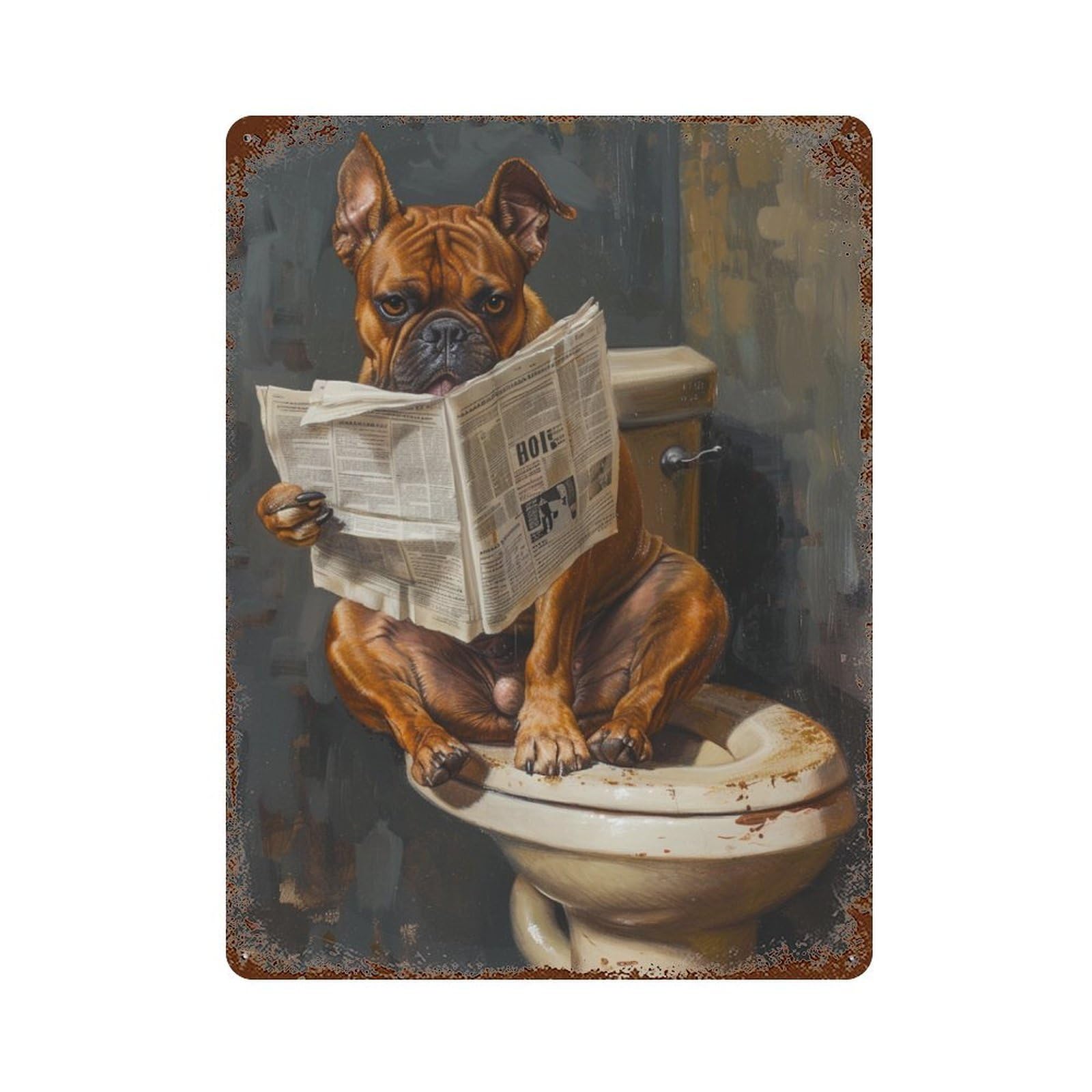 Rust Effect Dog Reading Newspaper on Toilet-3 Rustic Tin Plaque 15.7"x11.8", Classic Wall Plaque for Shed, Workshop And Garage Wall Decor