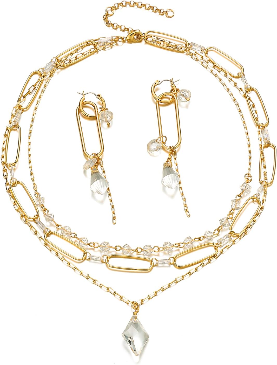Dainty Jewelry Set, Gold Link Hoop Earrings and Layered Necklace, Fashion Jewelry Set for Women
