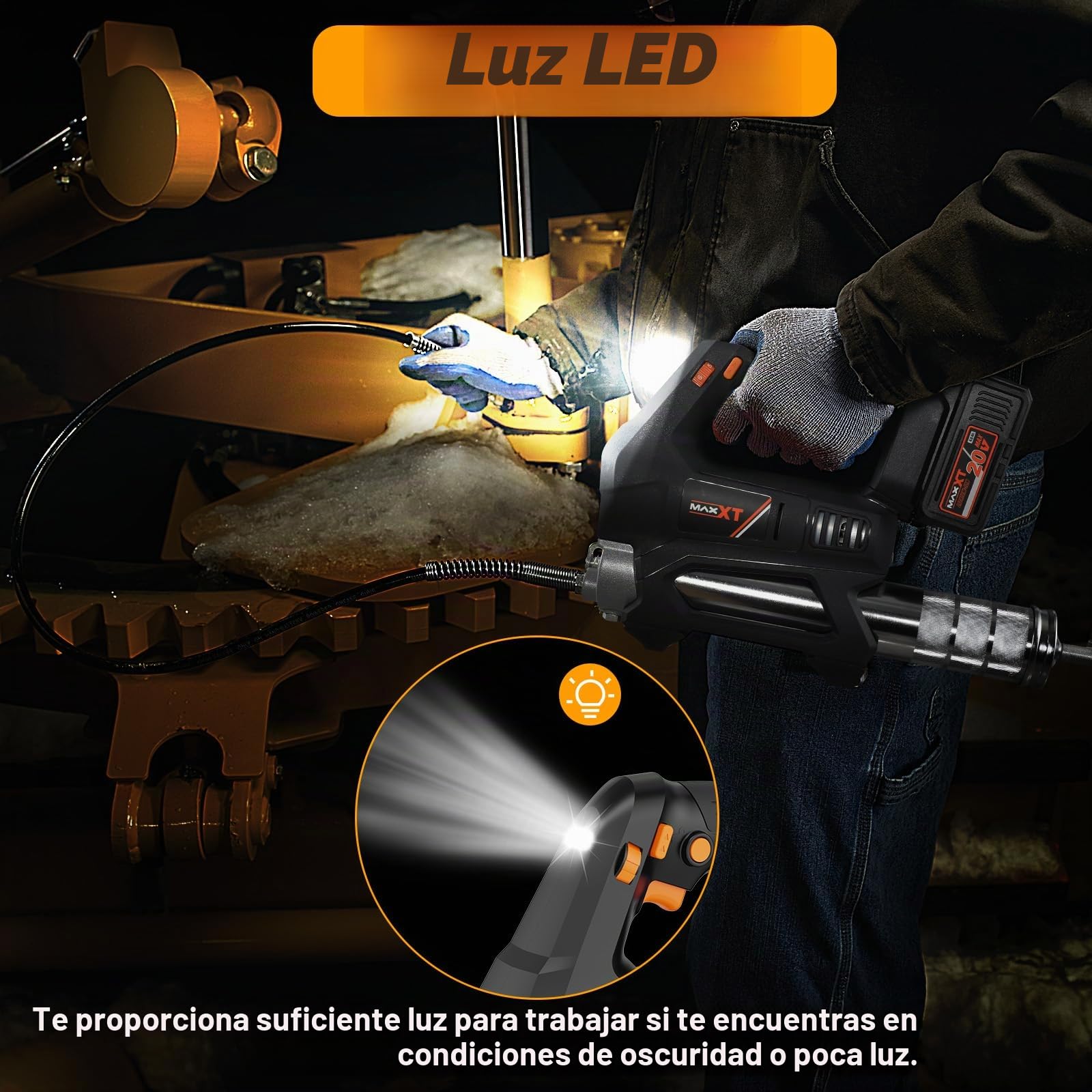 MAXXT Pistolas de Engrase 20V, Engrasadora Bateria 4.0Ah 6 Niveles Gatillo de Velocidad Variable 20000 PSI con LED y 40'' Alto Rendimiento con Mangueras, Pistola Engrasadora para Aceites Mecánicos