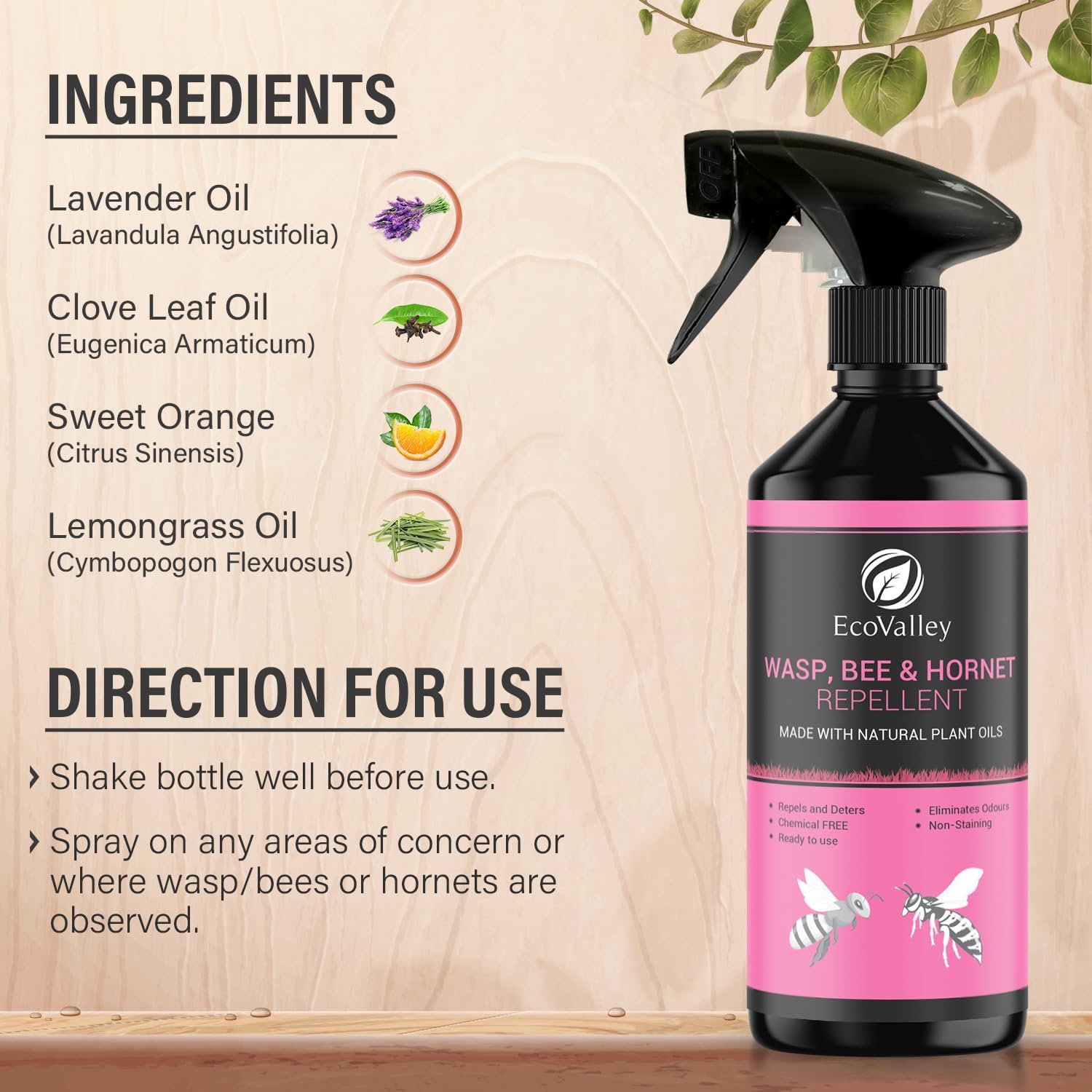 Wasp, Bee, and Hornet Repellent Spray - 500ml - Effective Indoor & Outdoor Natural Deterrent, Safe for Garden Use Nest Removal