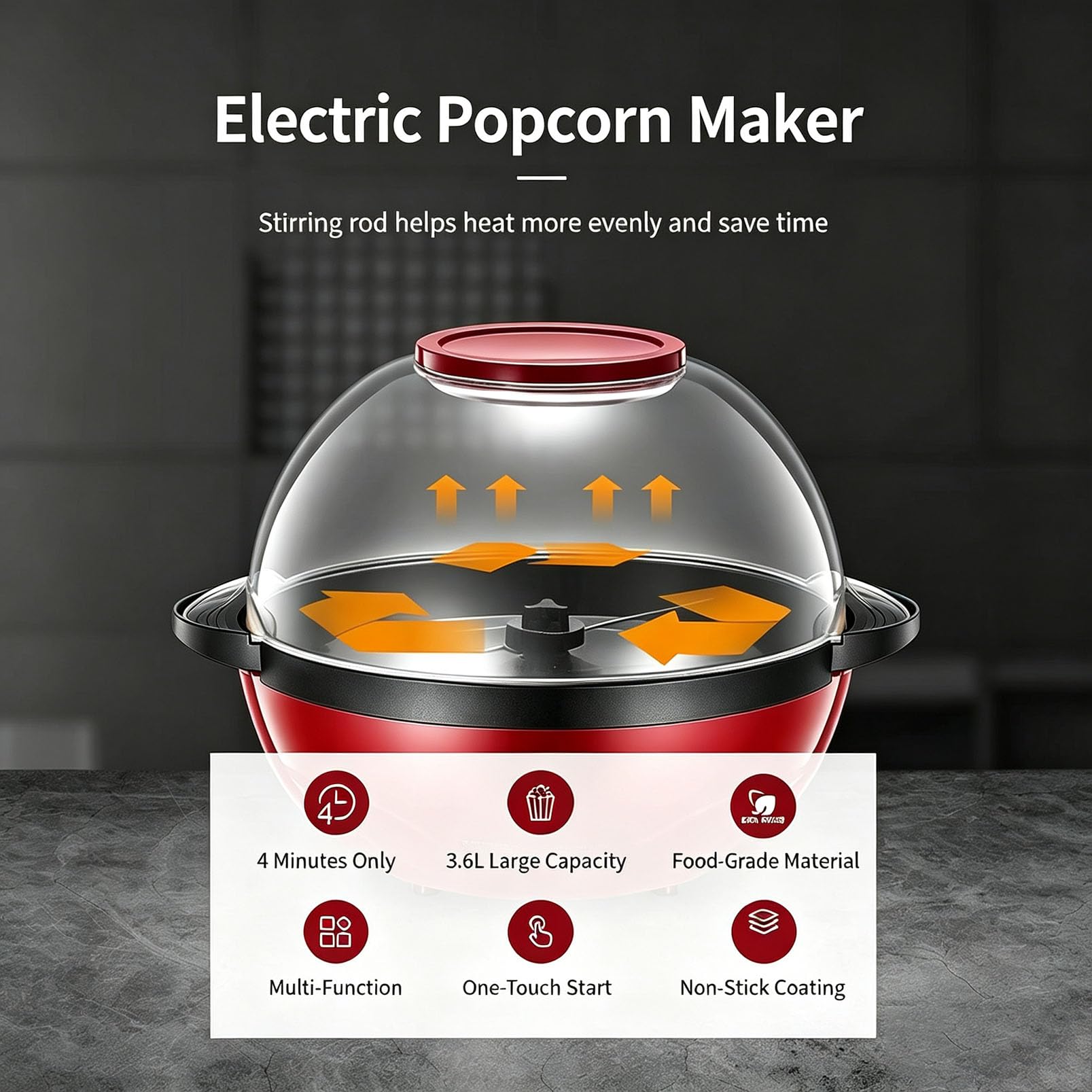 Elektryczna Maszyna Do Robienia Popcornu 850 W, 3,6 L Popcornu, | Powłoka Zapobiegająca Przywieraniu, Zdejmowana Pokrywa, Obsługująca Cukier, Olej I Masło, Urządzenie Do Robienia(red)