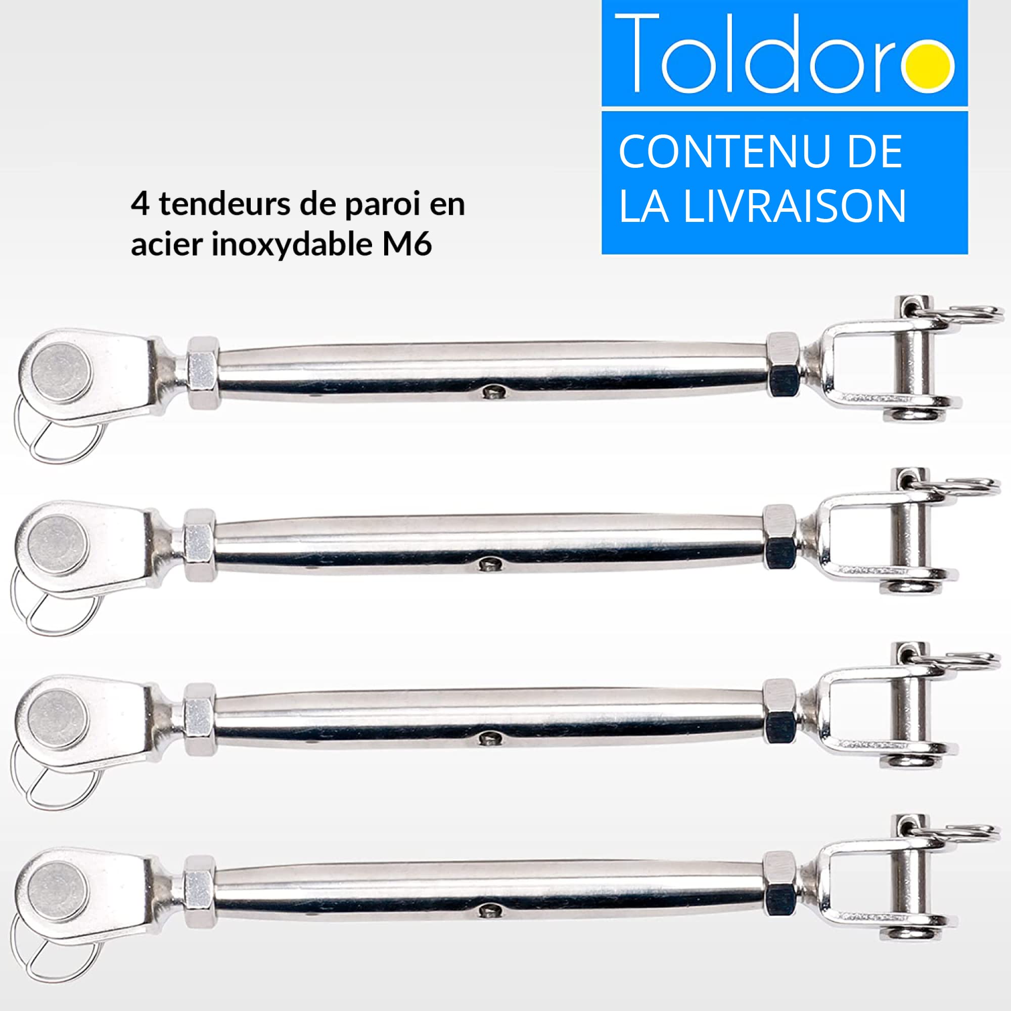 Toldoro® 4x M6 Tendeur de Hauban en Acier Inoxydable V4A - Tendeur de Voile Solaire, Câble, Fil - Fourche/Forme Fermée