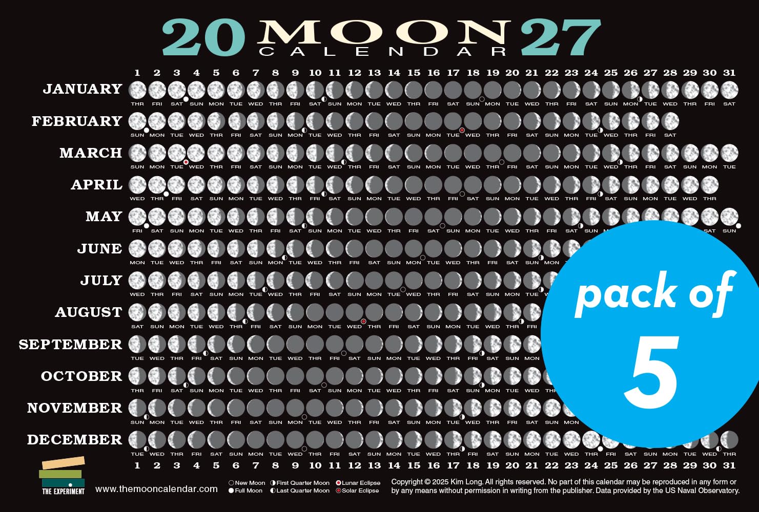 2027 Moon Calendar Card (5 pack): Lunar Phases, Eclipses, and More!