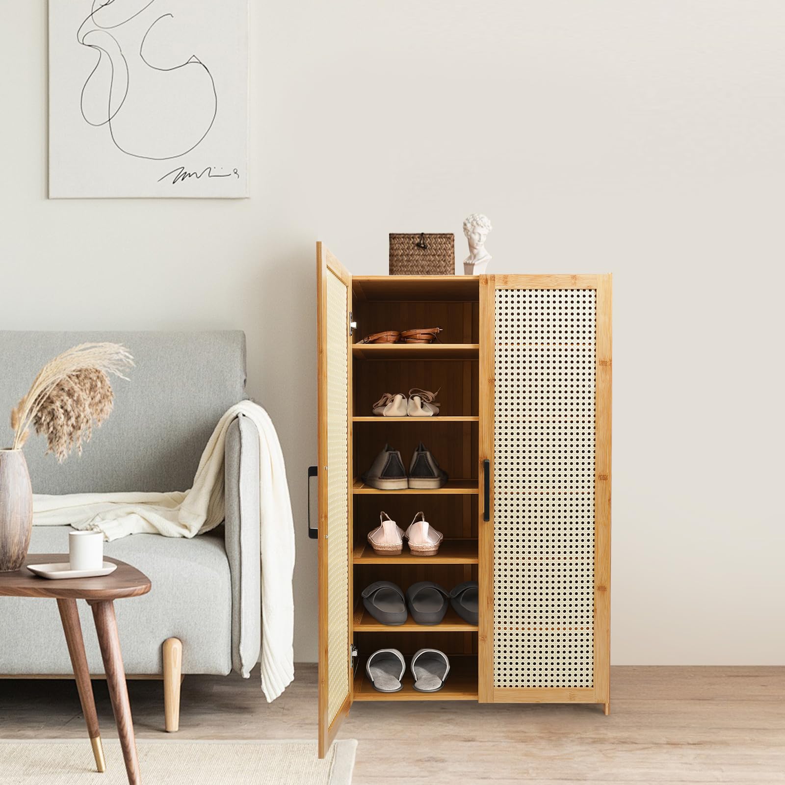 Scarpiera a 6 ripiani in bambù con ante e ventilazione, scarpiera salvaspazio per 18-24 paia di scarpe, moderna organizer per corridoio, camera da letto e guardaroba, 59 x 33 x 100 cm