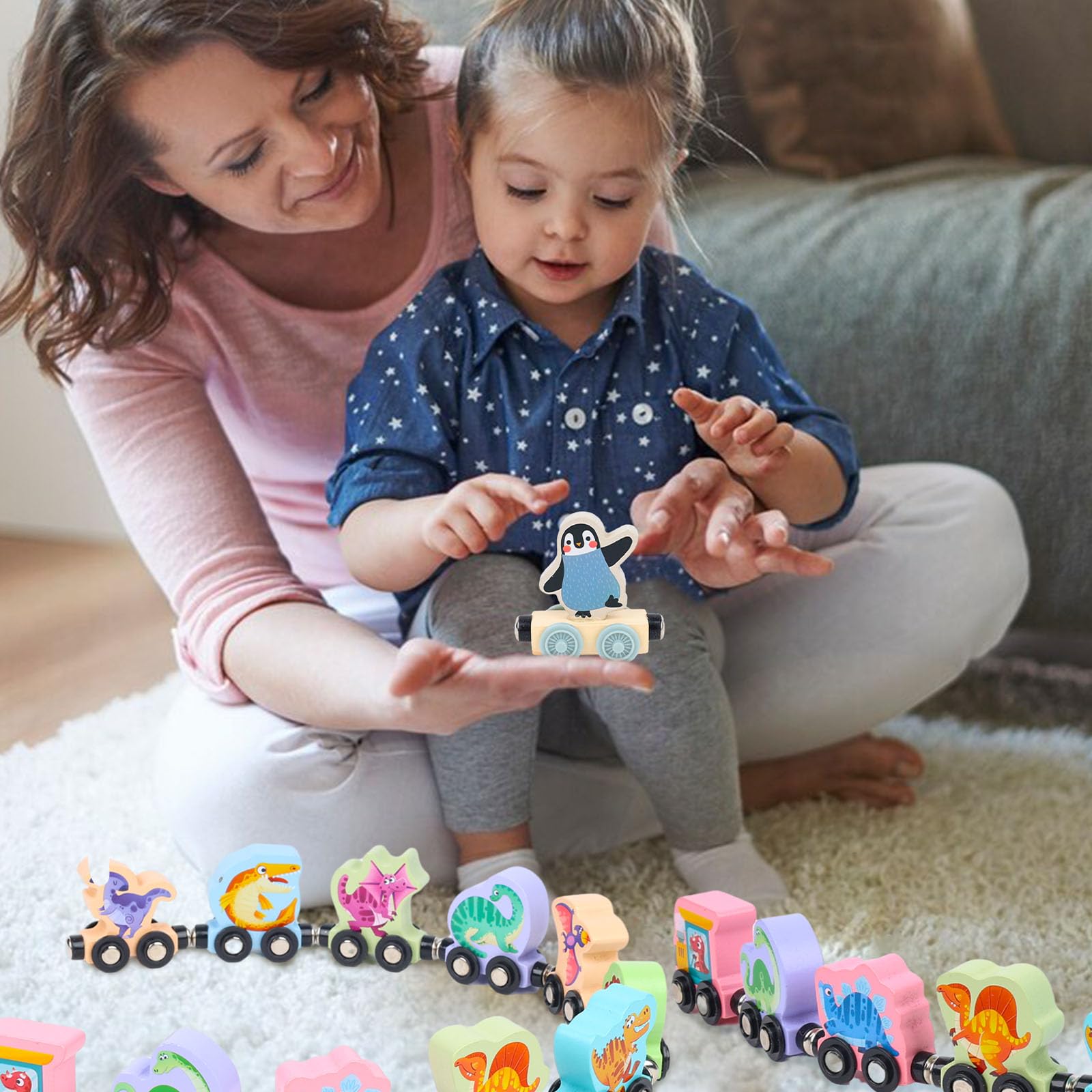 LovesTown Magnetic Train Set for Toddlers, Montessori Learning Toys, Magnet Cars with Animals