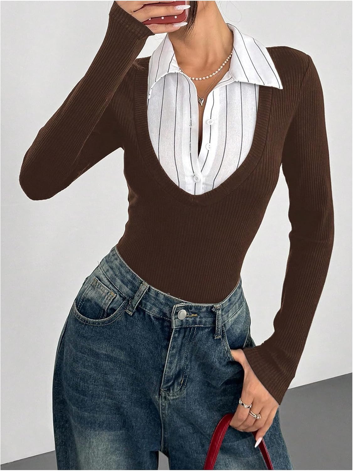 OYOANGLE Women's Long Sleeve Ribbed Striped Skinny Bodysuits Top Y2K Colorblock Going Out T Shirt Top Fall Outfits