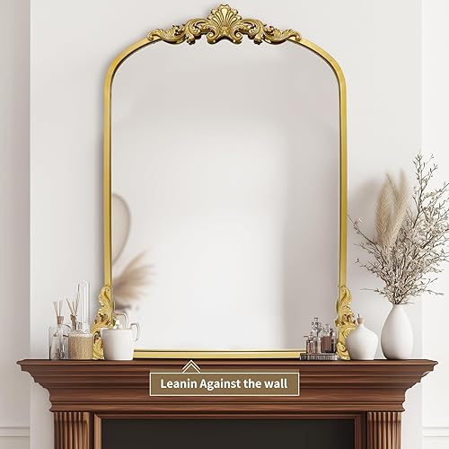 Miniatura 5 de Growsun Espejo arqueado dorado, 24 x 36 pulgadas, decoración de espejo de pared barroco antiguo, espejo adornado tradicional con marco de metal