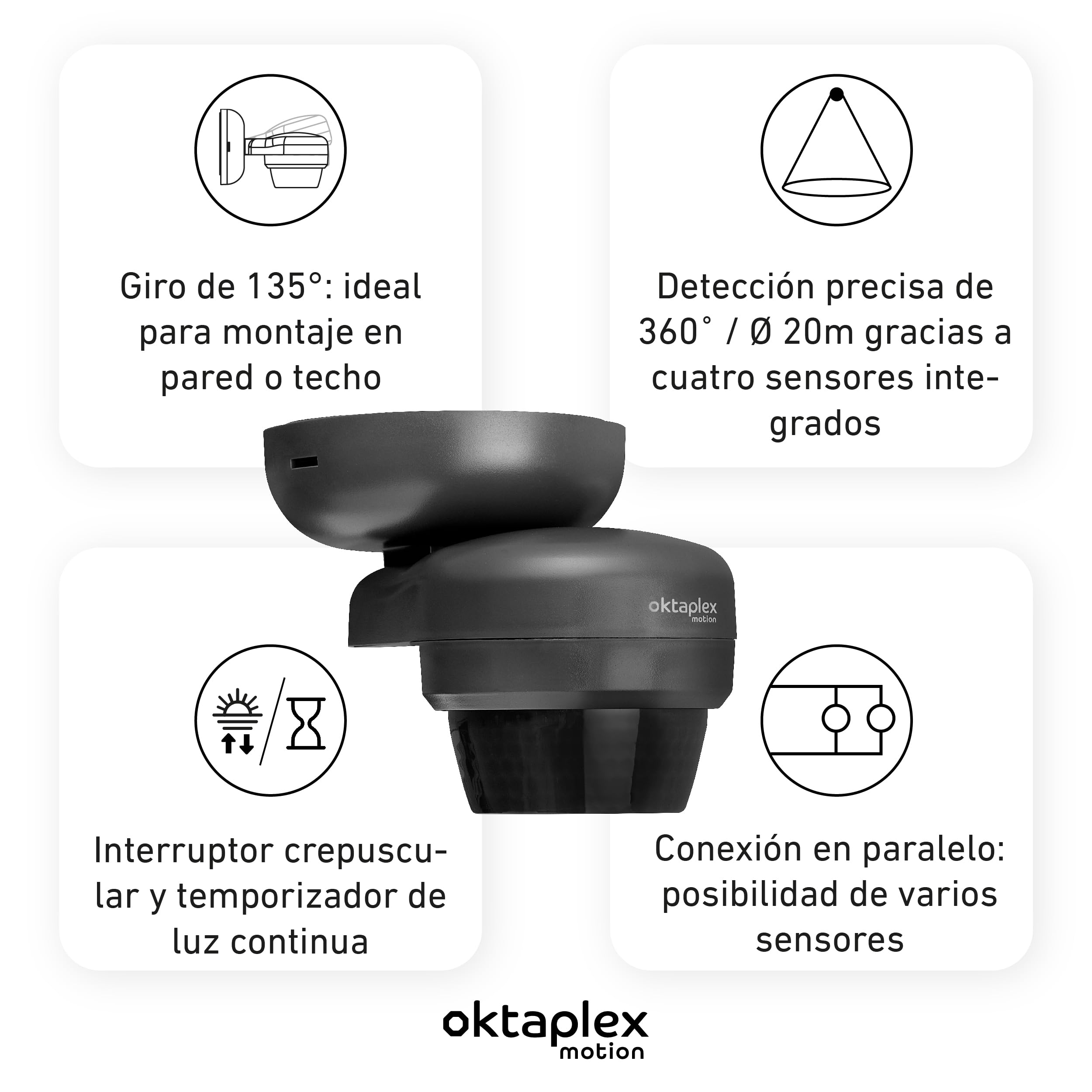 Oktaplex - Detector de movimiento exterior (2 unidades, 360 °) | PIR de 360° con alcance de 10 m e índice IP65, orientable con sensor crepuscular para montaje en saliente