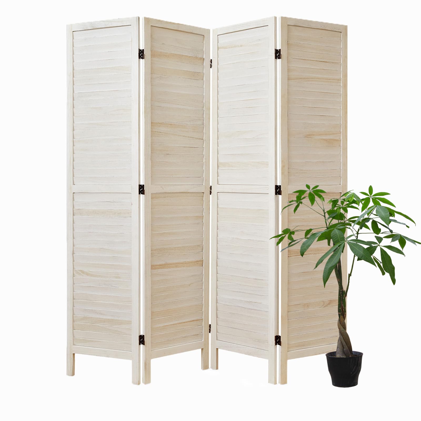 White Room Divider, Temporary Wall with Double Hinges, 5.6 Ft Tall Folding Louver Wood Screen for Home Office Bedroom Hotel Decoration (4 Panels,