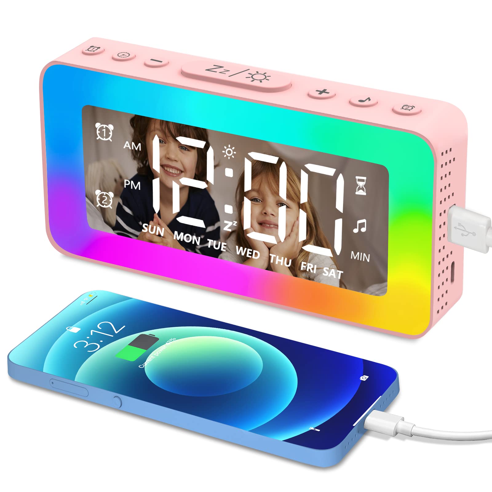 Kids Alarm Clock,White Noise Sleep Aid,Bedside Clock with 8 Mode RGB Night Light,Daily/Weekday/Weekend Mode,Dual Alarm Clock,USB Port,Dimmer,Timer,for Kids,Adults,Teenagers