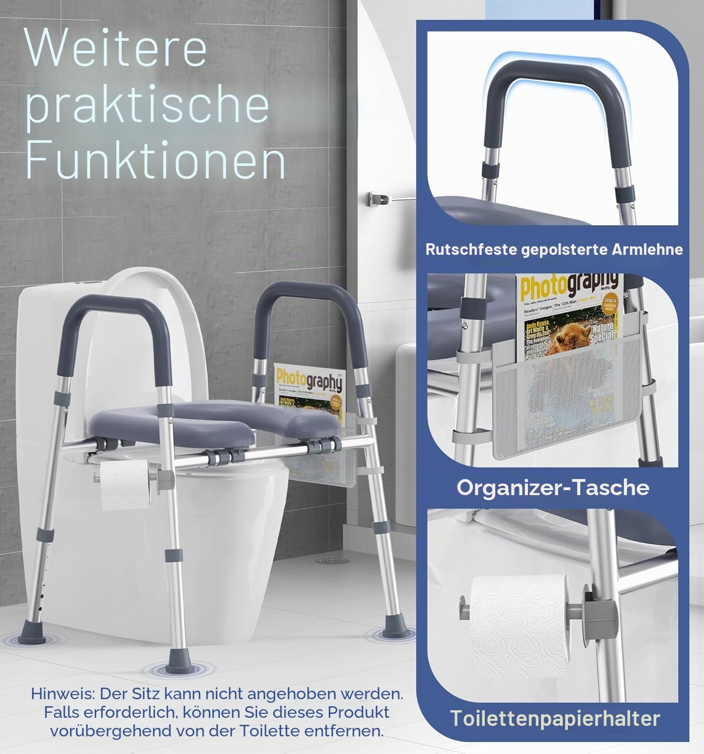 HOMLAND Toilettensitzerhöhung für Senioren, erhöhter WC-Sitz mit Griffen und gepolstertem Sitz, verstellbare Höhe und Breite, 180 kg Handicap, erhöhter Toilettensitz für ältere Menschen, Schwangere