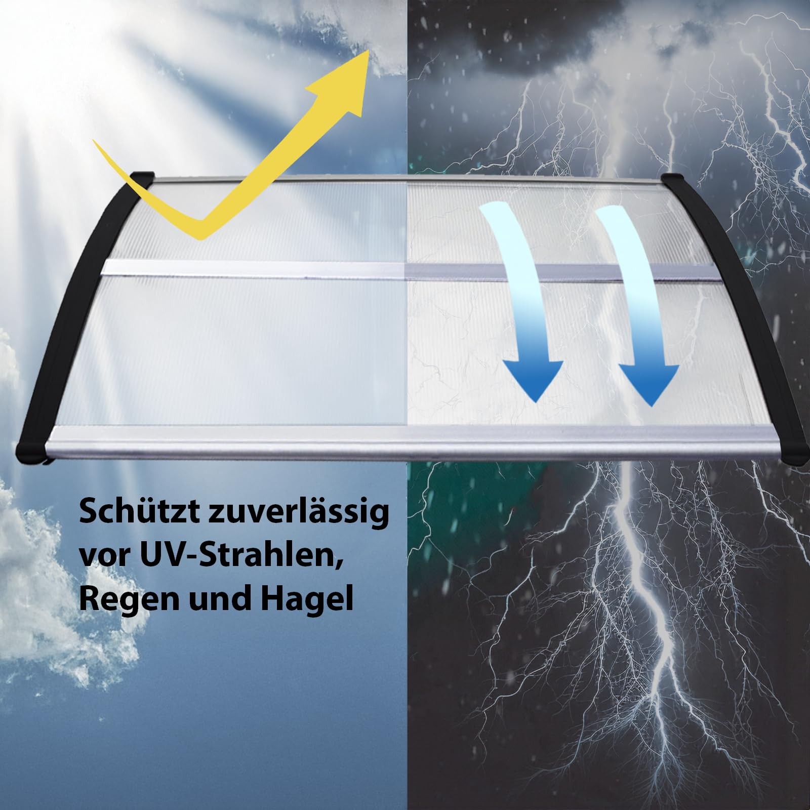 Türvordach Überdachung Vordach Schwarz 120 x 80 cm Haustürdach Haustür Pultvordach Kunststoff Alu Leisten Wetterschutz Eingangsbereich
