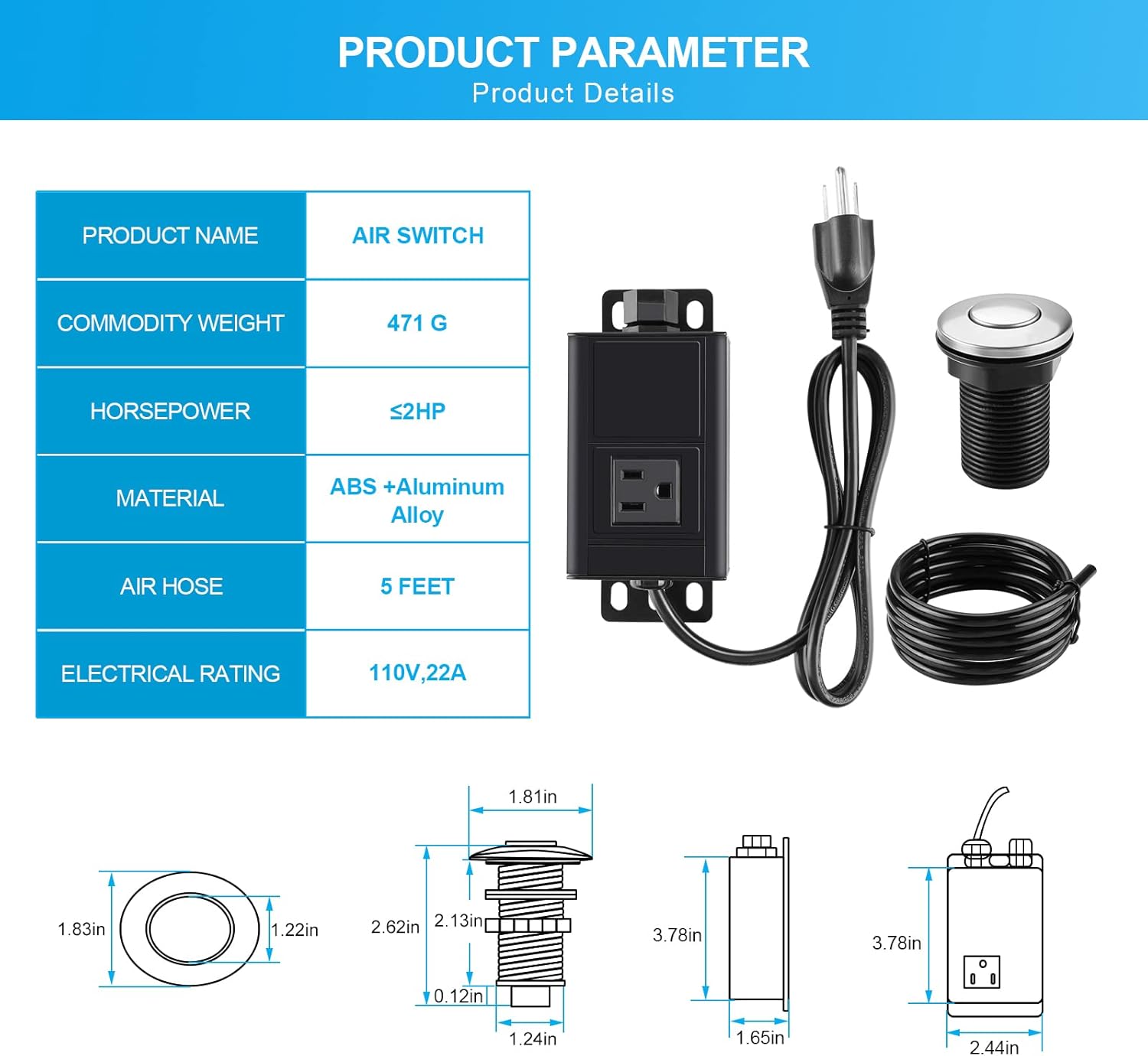 HK Garbage Disposal Air Switch Kit with Power Cord Kit, Sink Top Waste Disposer Stainless Steel On/Off Push 2.5" Button, Aluminum Alloy Power Module, Food Waste Disposals Replacement Parts