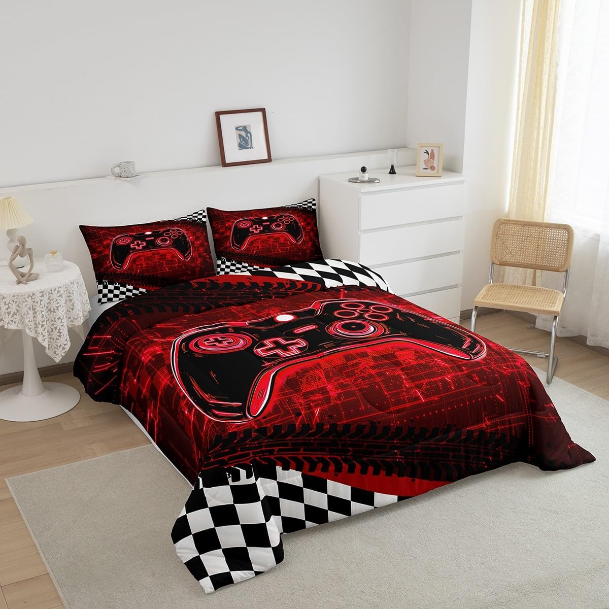 Red Gamer Comforter Sets for Boys,3D Cool Gaming Full Size Bedding Set for Boys Kids Gamer Room Decor,Video Game Bedding Comforter Sets Racing Competition Flag Geometric Bed Set,2 Pillow Cases