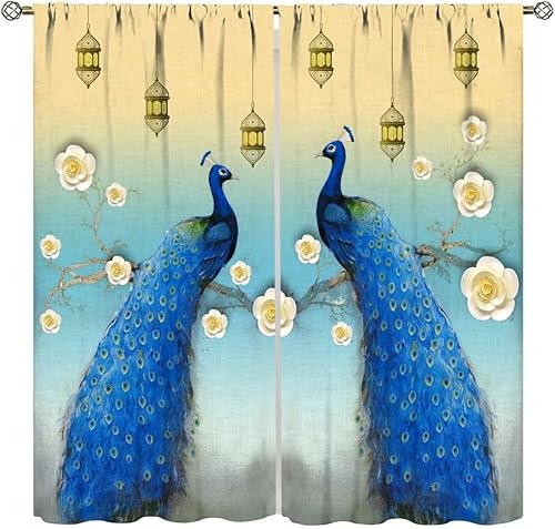 Miniatura 9 de Cortinas de pavo real, flores blancas, hermosas y elegantes, estilo de pintura al óleo de pavo real azul, tela de poliéster, tratamientos de ventana