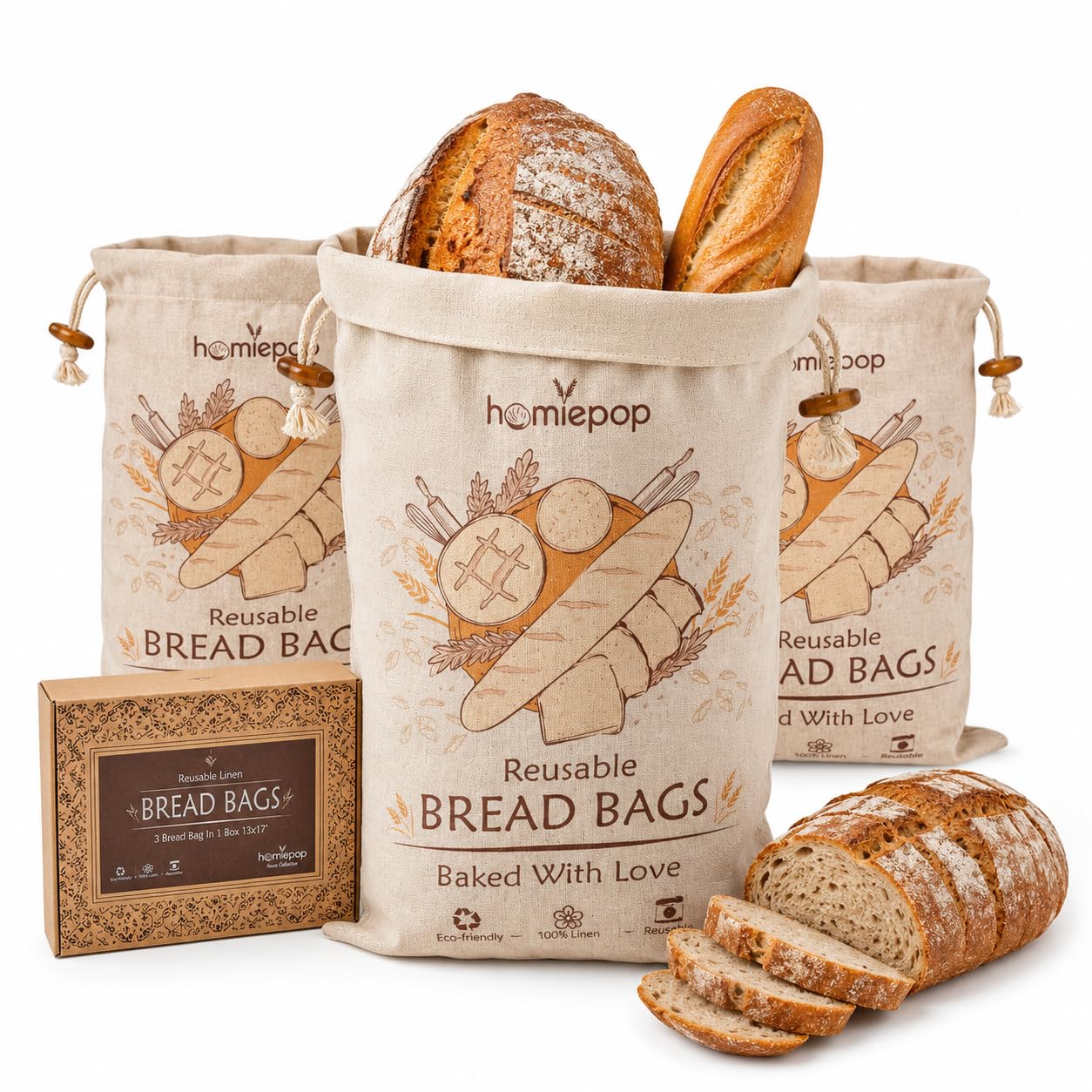 3-Pack XL Linen Bread Bags for Sourdough & Homemade Bread, Lined 13x17"