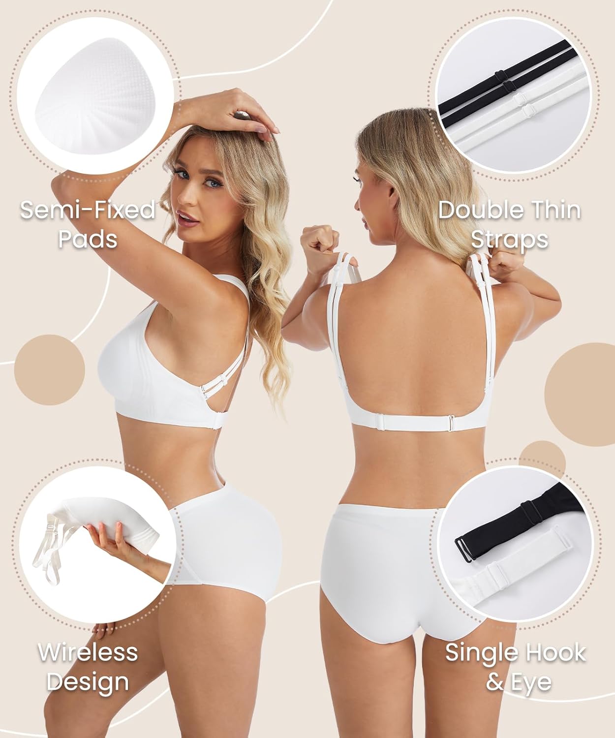 Low Back Bra Strappy Padded Bralette Jelly V Neck Bra Seamless Adjustable Strap Crisscross Multiway Backless Bras