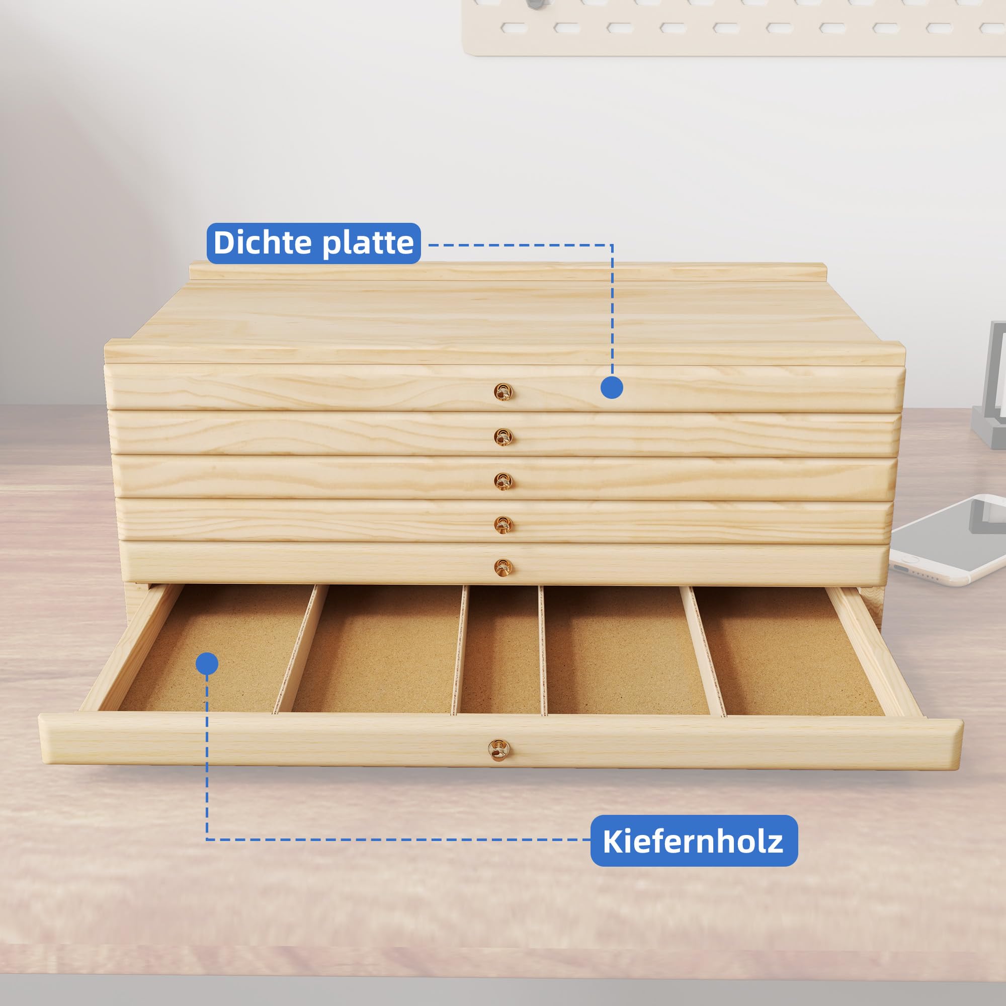 Aufbewahrungsbox für Künstler 6 Schublade 40×25.5×15.5cm Schubladen Organizer Holz Schubladenbox Werkzeugkiste für Künstlerbedarf, Acrylmalerei Zubehör, Malutensilien, Jewelry, needlework tools
