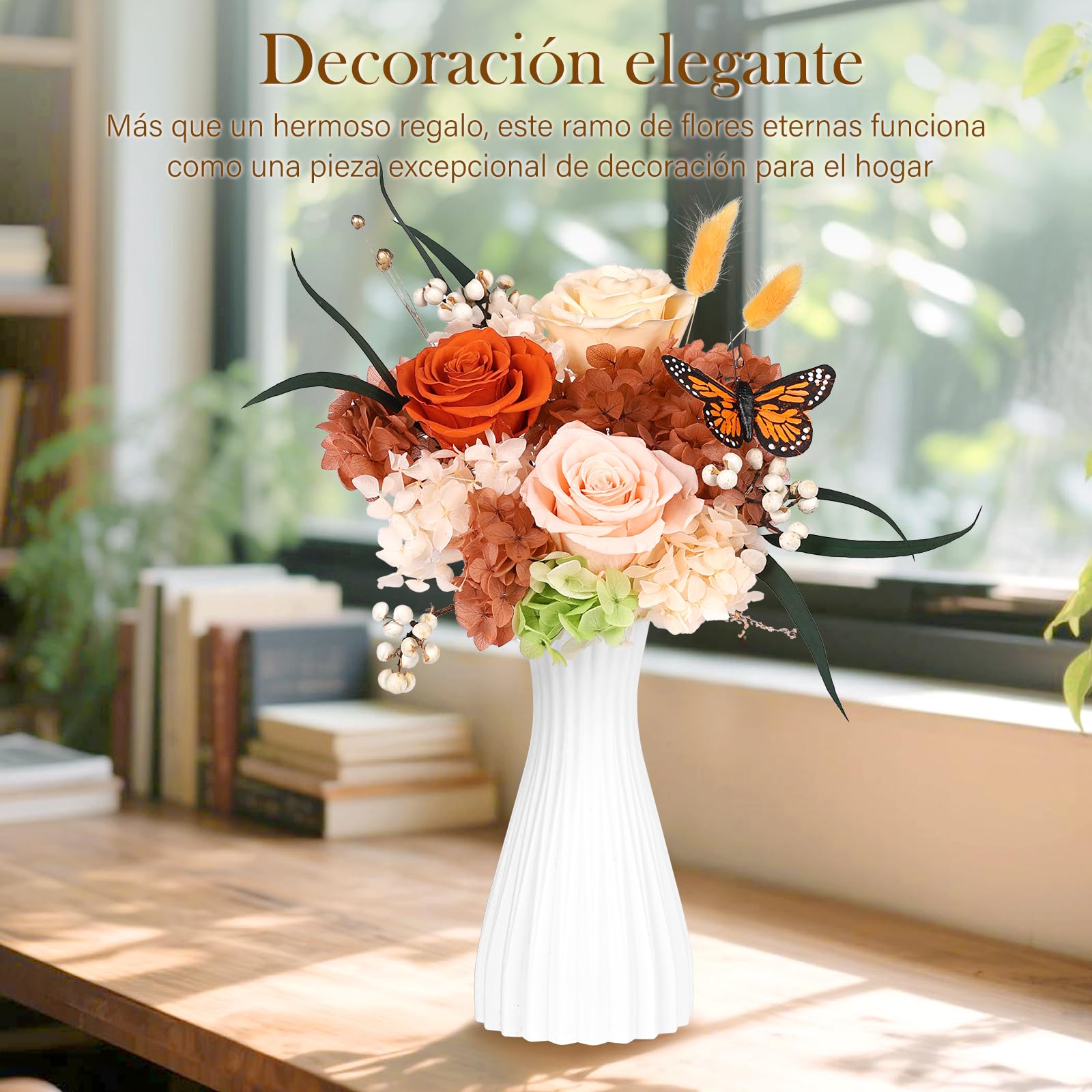 Ramo de Flores Preservadas con Mariposa, 3 Rosas Eternas y Flores, Ramo de Rosas Eternas Duraderas, Regalos para Mujer, San Valentín, Aniversario, Cumpleaños y Día de la Madre, Novia, Esposa, Madre