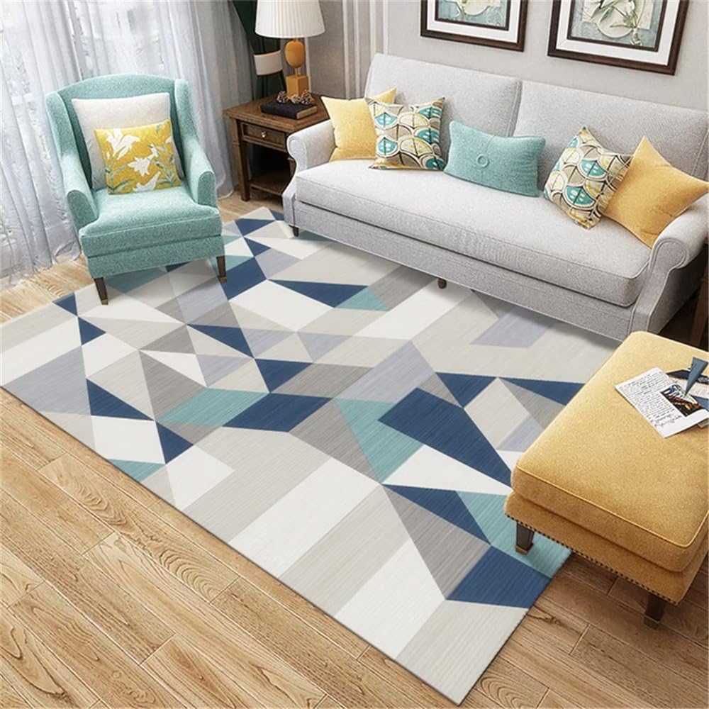Tapis de salon moderne bleu géométrique 160x200cm pour salle à manger