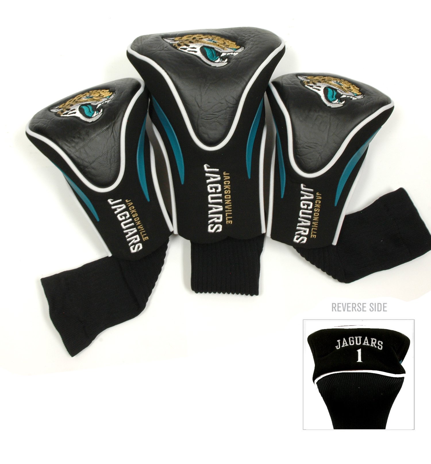 Team Golf NFL Jacksonville Jaguars Contour Golf Club Headcovers (3 Count) Numbered 1, 3, & X, Fits Oversized Drivers, Utility, Rescue & Fairway Clubs, Velour lined for Extra Club Protection — image 1
