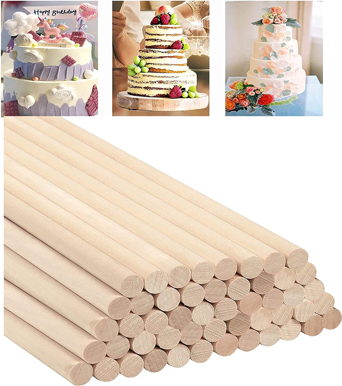 Baking Set Natural Round Wood Cake Dowel Rods (50 Pack) - 30cm / 12 Inches - Extra Long Wooden Craft Sticks - Dowels for Woodcraft, Art Projects, Decorations & DIY Crafts-image-21