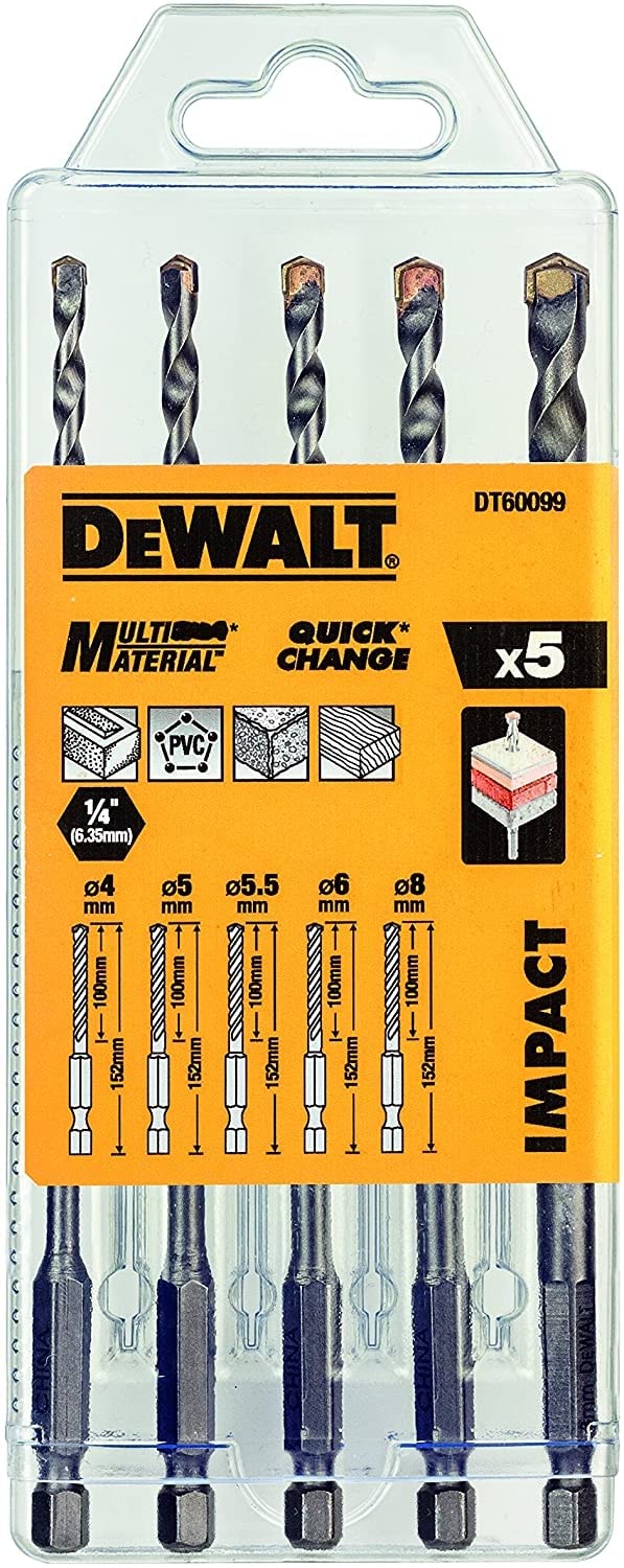 DEWALT DT60099-QZ - Juego de 5 brocas multi-material Impact 4, 5, 5.5, 6, 8 mm