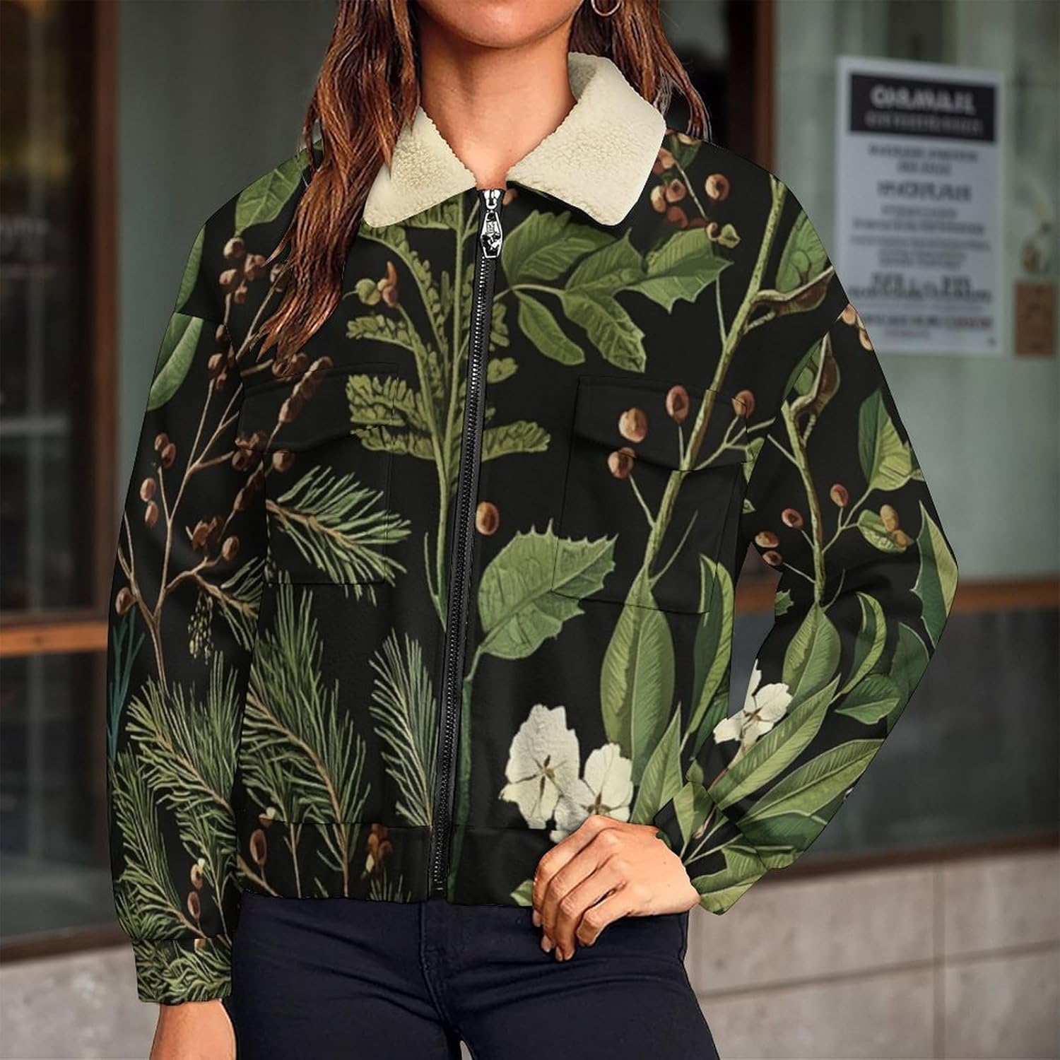 Women Winter Sherpa Lined Fleece Jacket, Long Sleeve Zip Up Holly leaves pine cones Coats Warm Soft Polar Outwear