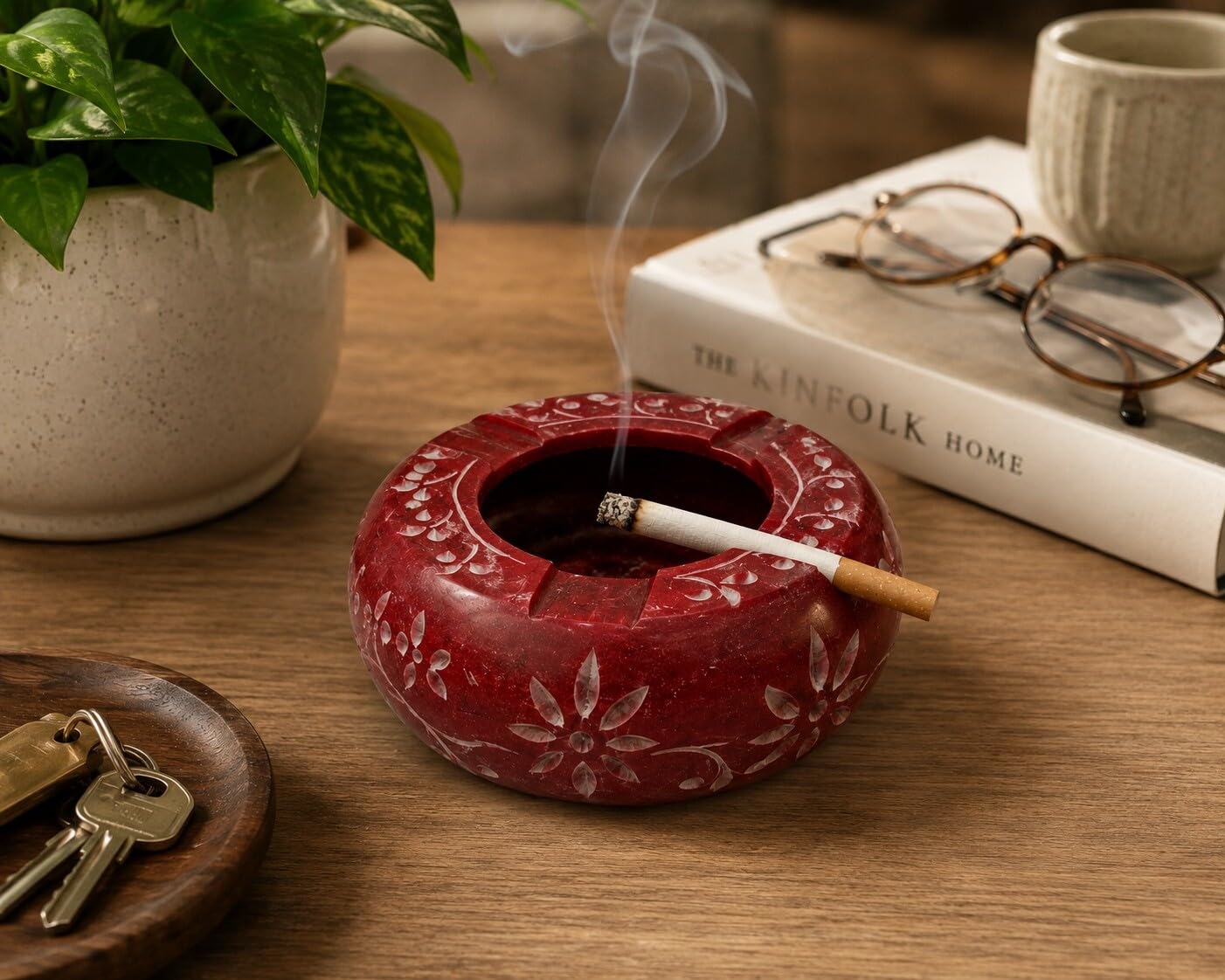 Natural Red Soapstone Ashtray (4 Inch) | Handcrafted Floral Inlay Cigarette & Cigar Ash Holder, Decorative Smoking Tray for Home, Office Desk, Patio, Balcony & Café-picture-21