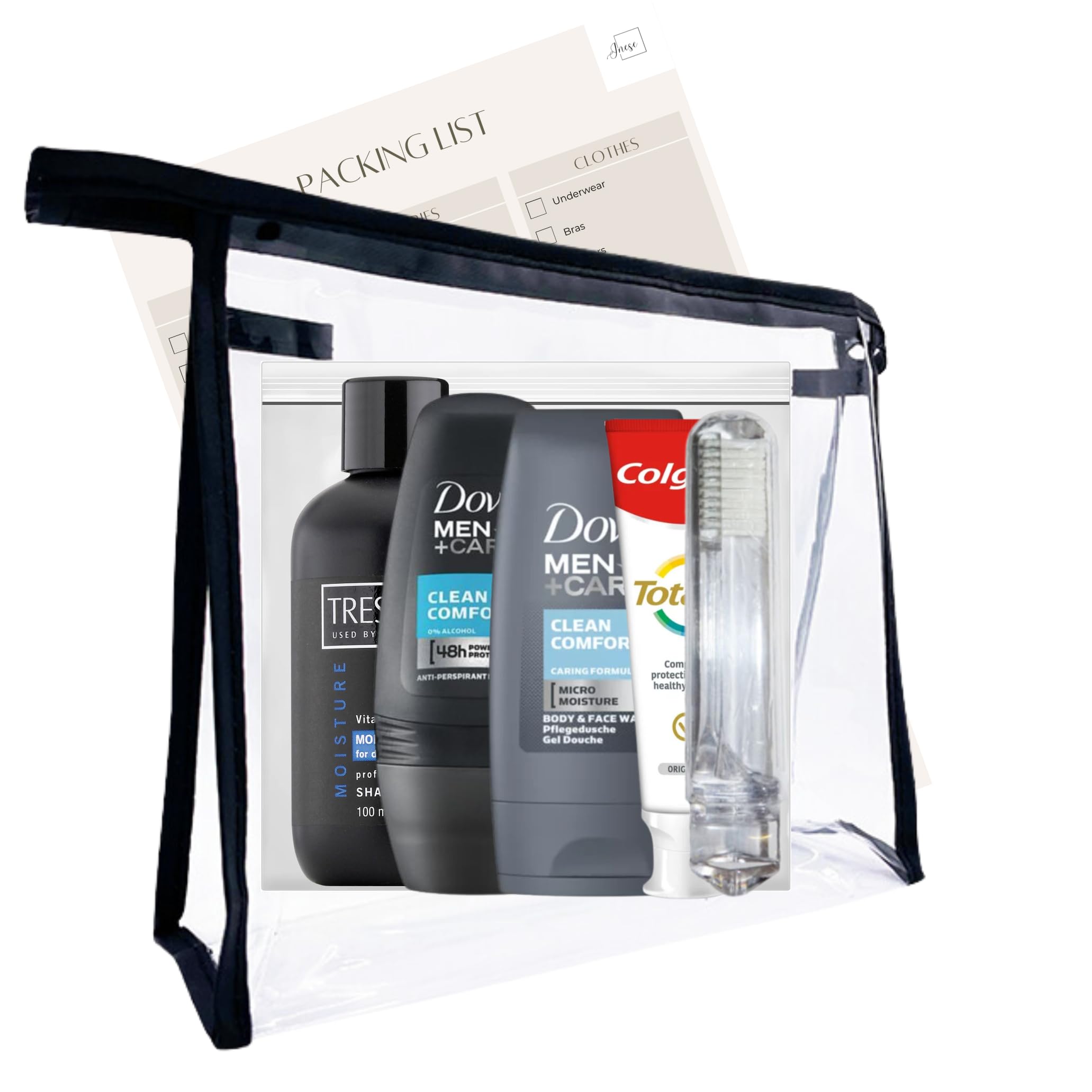 Mini juego de artículos de tocador de viaje para hombres, kit esencial de aseo para viajes, hospitales, estancias nocturnas, Clear, Bolsa de aseo de viaje