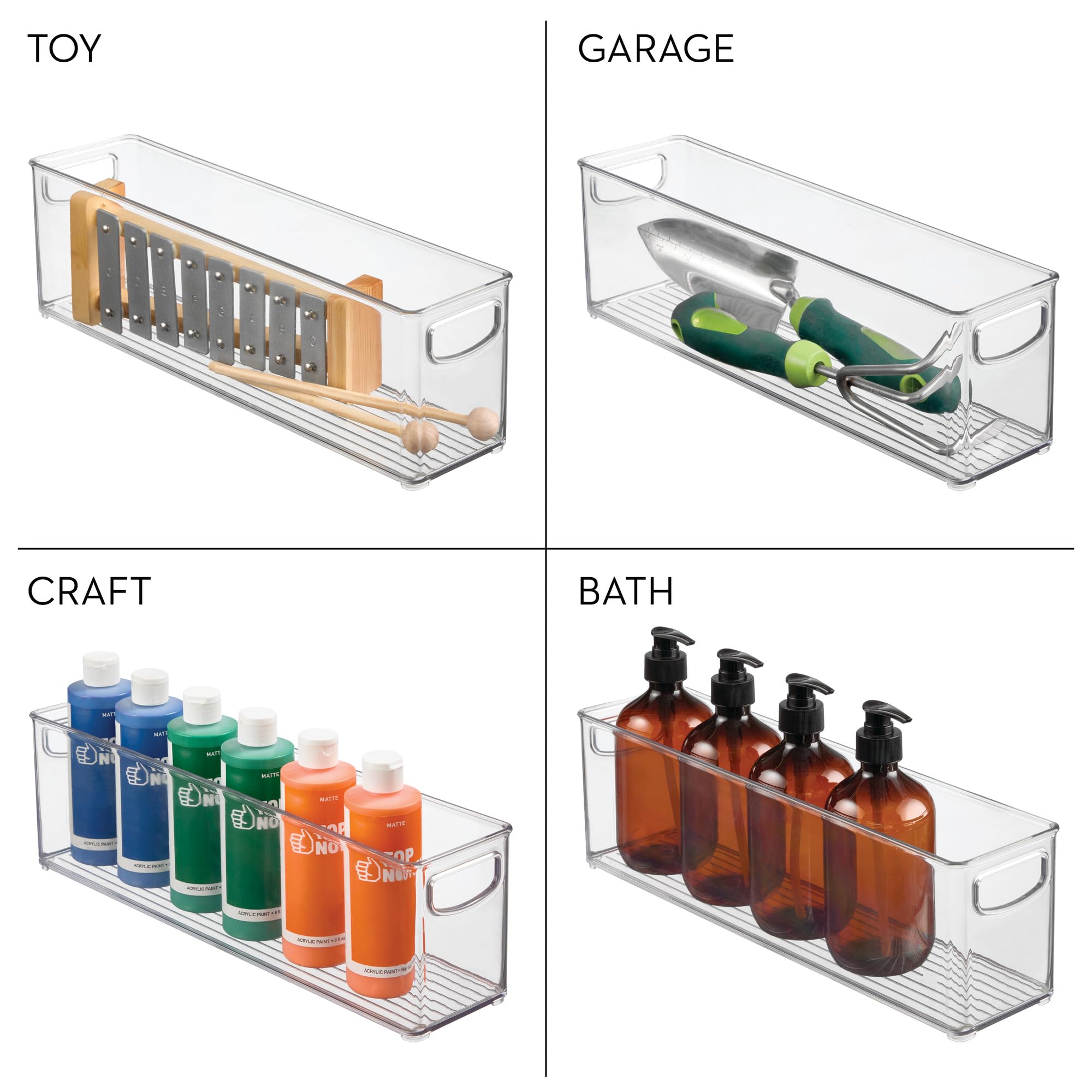 iDesign Juego de 4 organizadores de plástico reciclado con asas de fácil agarre para despensa y almacenamiento de cocina, congelador y frigorífico, transparente