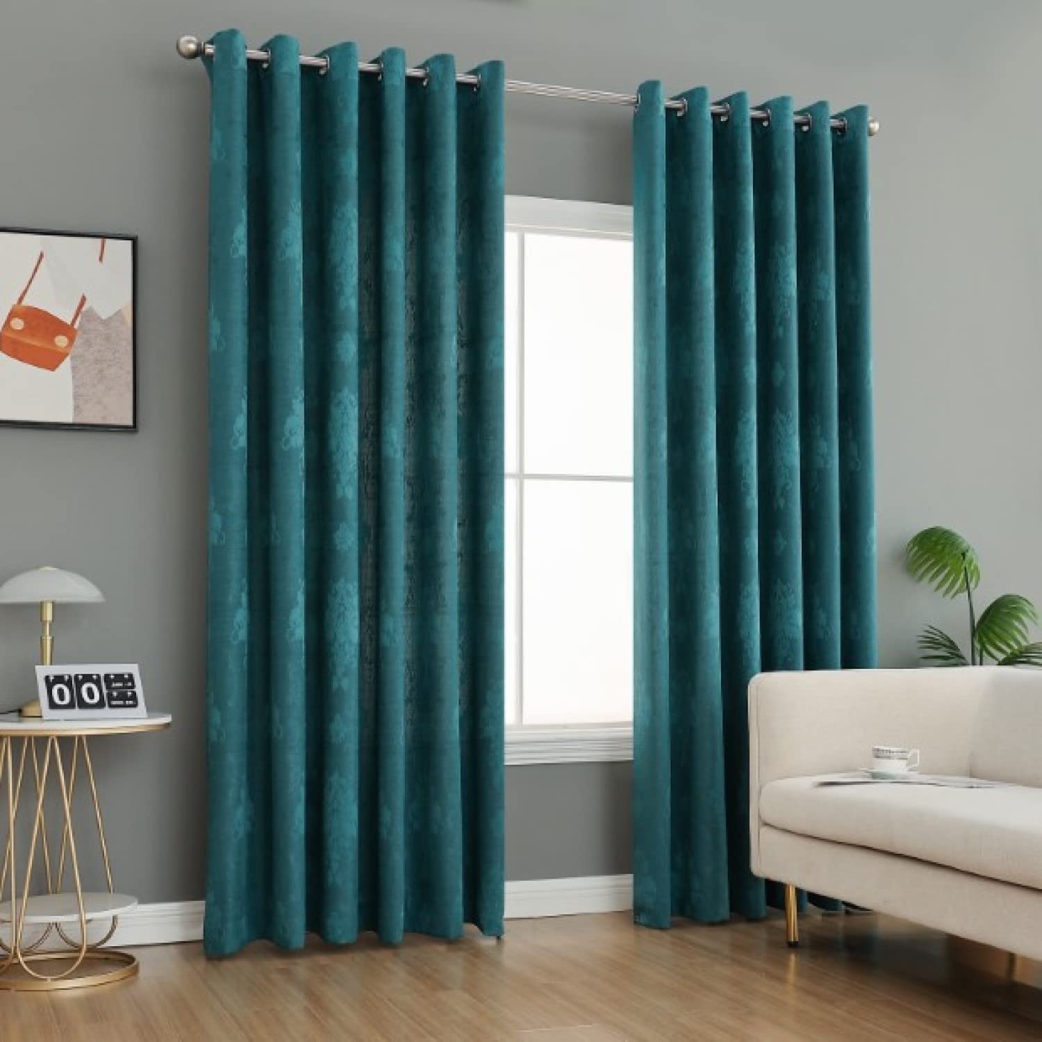 PRIME LINENS Curtain for Living Room Ring Top Jacquard Fully Lined Modern Panels Eyelet Curtain for Bedroom Window with 2 Free Tie Backs (Teal, W 46" x L 54") โ image 1