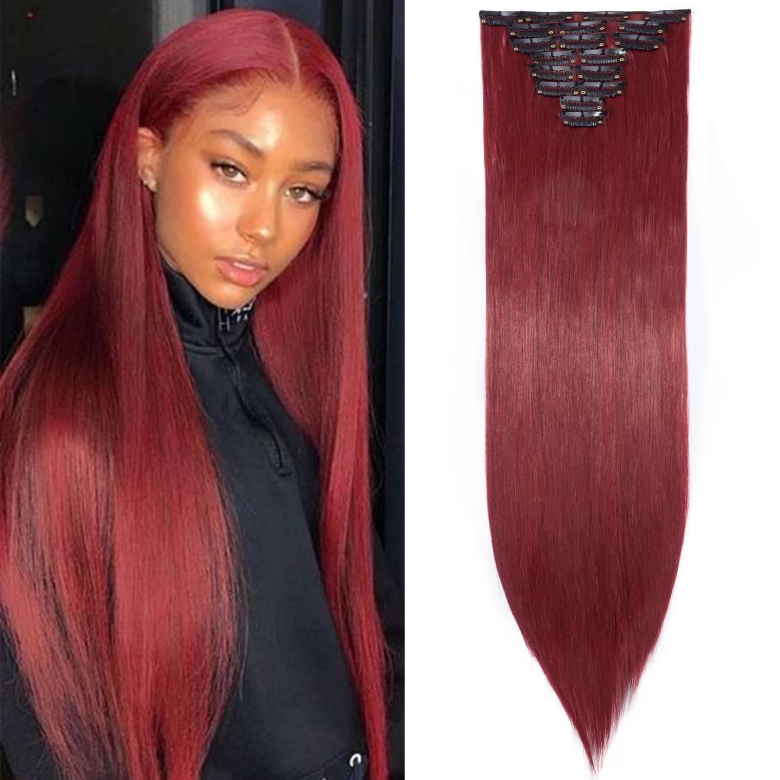 S-noilite 26" Clip In Hair Extensions - Straight Maroon Mix Dark Red Full Head Synthetic Hairpieces for Women Girls (8pcs)