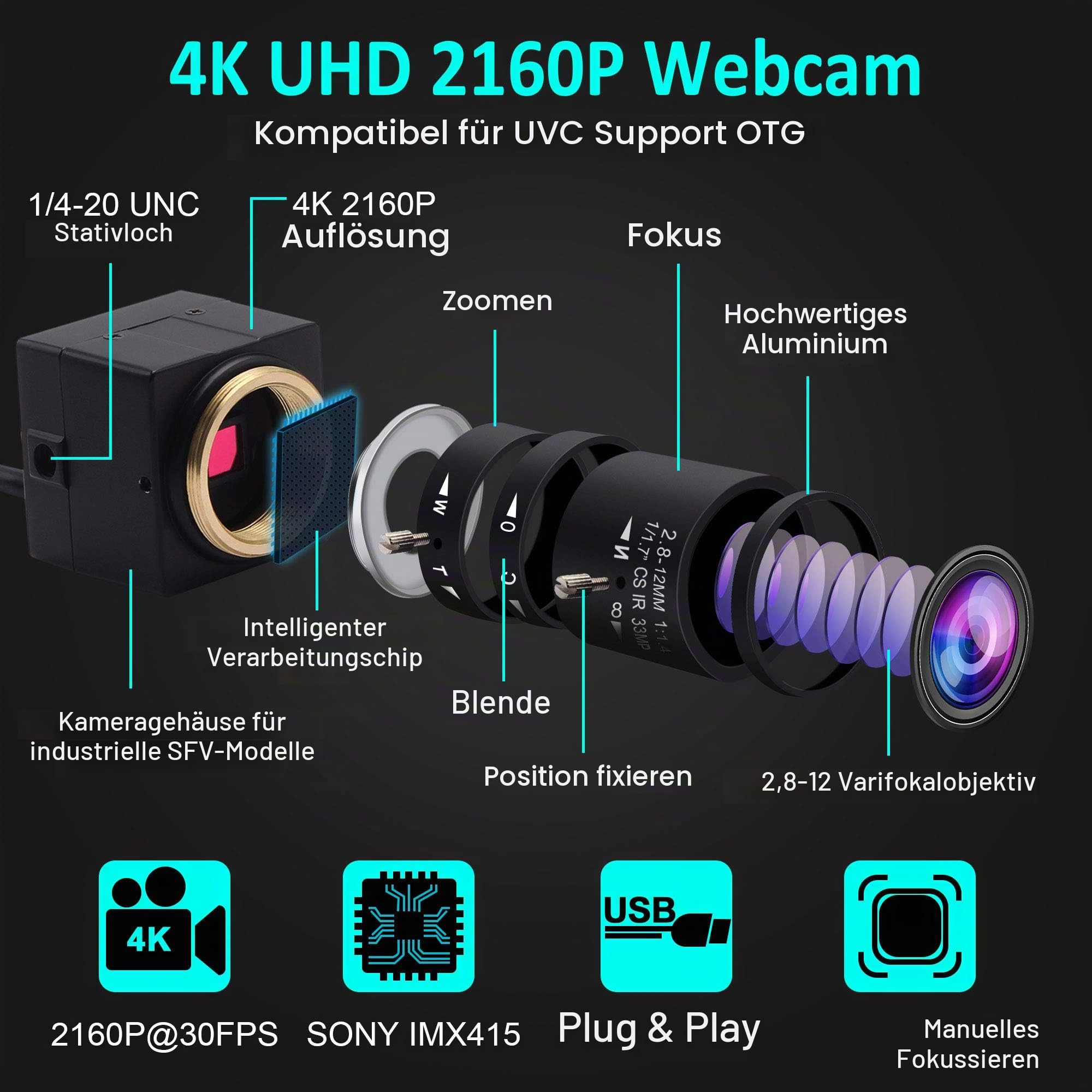 ELP 4K Webcam 30fps,Ultra HD USB Zoom Kamera mit 2.8-12mm Weitwinkel Objektiv,Mini Web Kamera für PC,Plug & Play 2160P Videokonferenz Webkamera für Windows/Linux USB4K03-SFV(2.8-12)