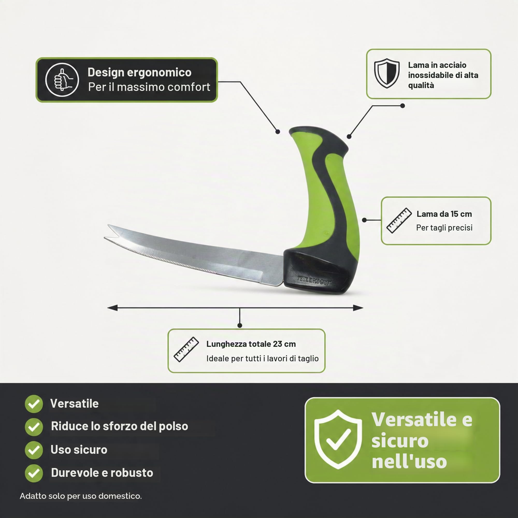 ATC Handels GmbH Coltello multiuso da cucina – Coltello da cucina ergonomico – Manico angolato per una posizione neutrale del polso – Manipolazione antiscivolo