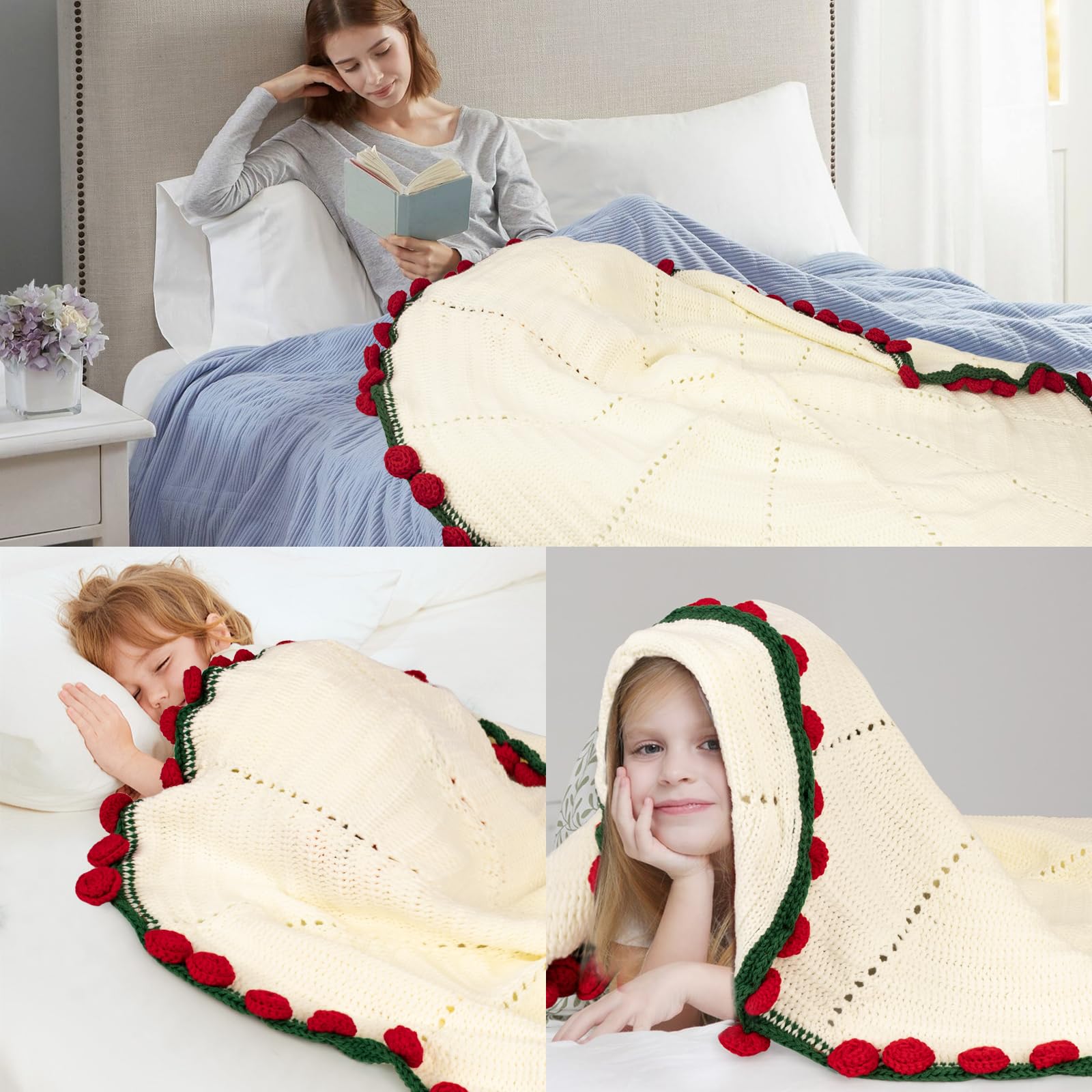 Xisakaca Blumendecken-Set für Anfänger, handgefertigtes Rosenstrauß-Häkelgarn, Zubehör, Strickset für Erwachsene für DIY-Frauen (dunkelrot, Materialpaket 90 cm)