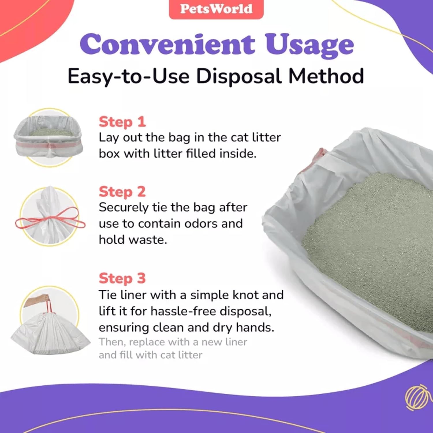 PETSWORLD Cat Litter Box Liners, Heavy Duty Litter Pan Liners Bags with Drawstring for Pet Cat Litter Tray (Unscented) (JUMBO - 45 x 18 Inches, 50 Count)