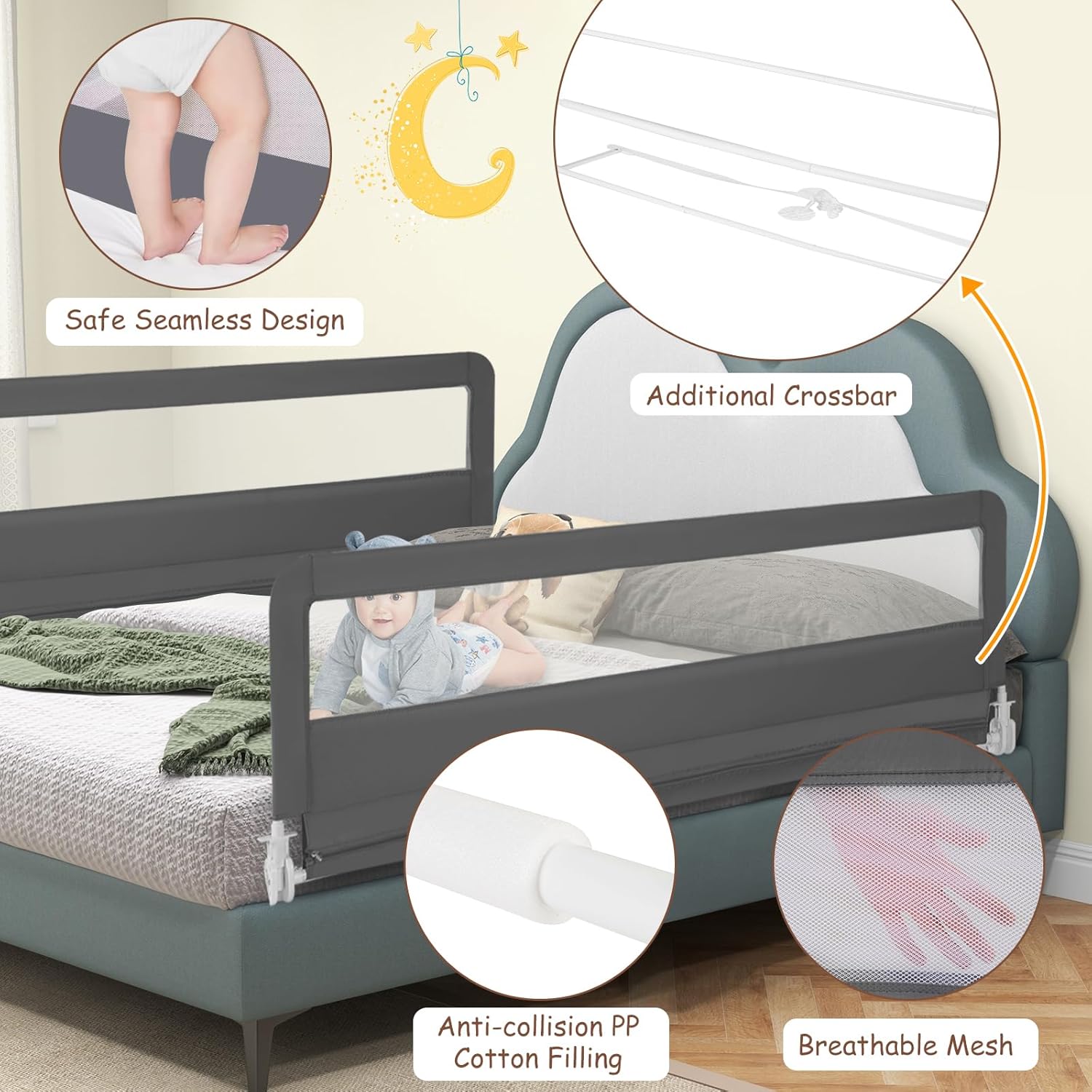 GLACER Foldable Bed Rail for Toddlers - 71" Bedrail w/Safety Straps, Child Lock & Removable Oxford Cover, Swing Down Baby Bed Rail Guard for Crib, Full, Twin, Double, Queen & King Bed (Grey, 1 Pack)
