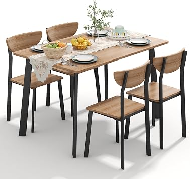 furlinkhm Kitchen Dining Table Set for 4, Modern Rectangular 5 Piece Dining Room Table and Chairs Set, Brown Wooden Metal Table Set for Family Dinner, Party, Afternoon Tea and Work Curved Moon