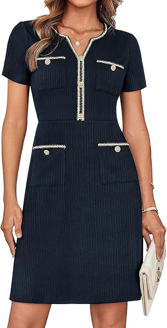 GRACE KARIN Gebreide damesjurk met lange mouwen, V-hals, elegante