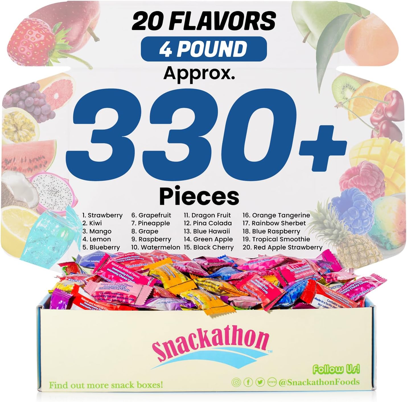 Fruit Chew 20 Flavors, Bulk 330+ Pieces, 4 Pound (Strawberry, Mango, Green Apple, Grape, Pineapple, Kiwi, Dragon Fruit, 3 Berries, Orange Tang, Apple Strawberry, Raspberry, Blue Hawaii, Rainbow Sherbet)